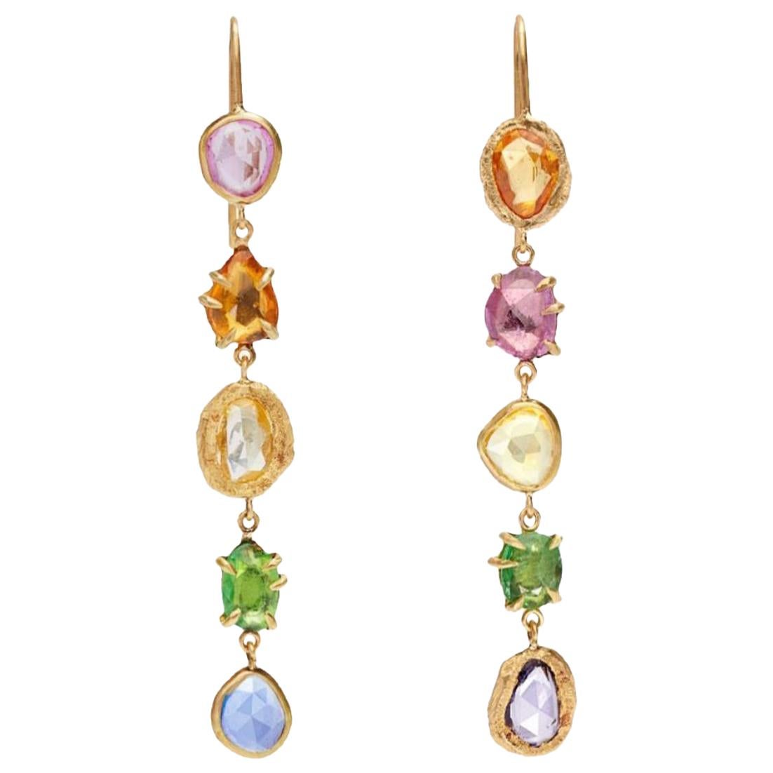 Blue Yellow Orange Pink Sapphires and Tsavorite Gold Drop Earrings For Sale
