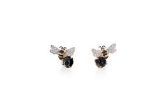 18 Karat Gold Onyx 0.16 Karat White 0.18 Karat Black Diamond Bees Stud Earrings