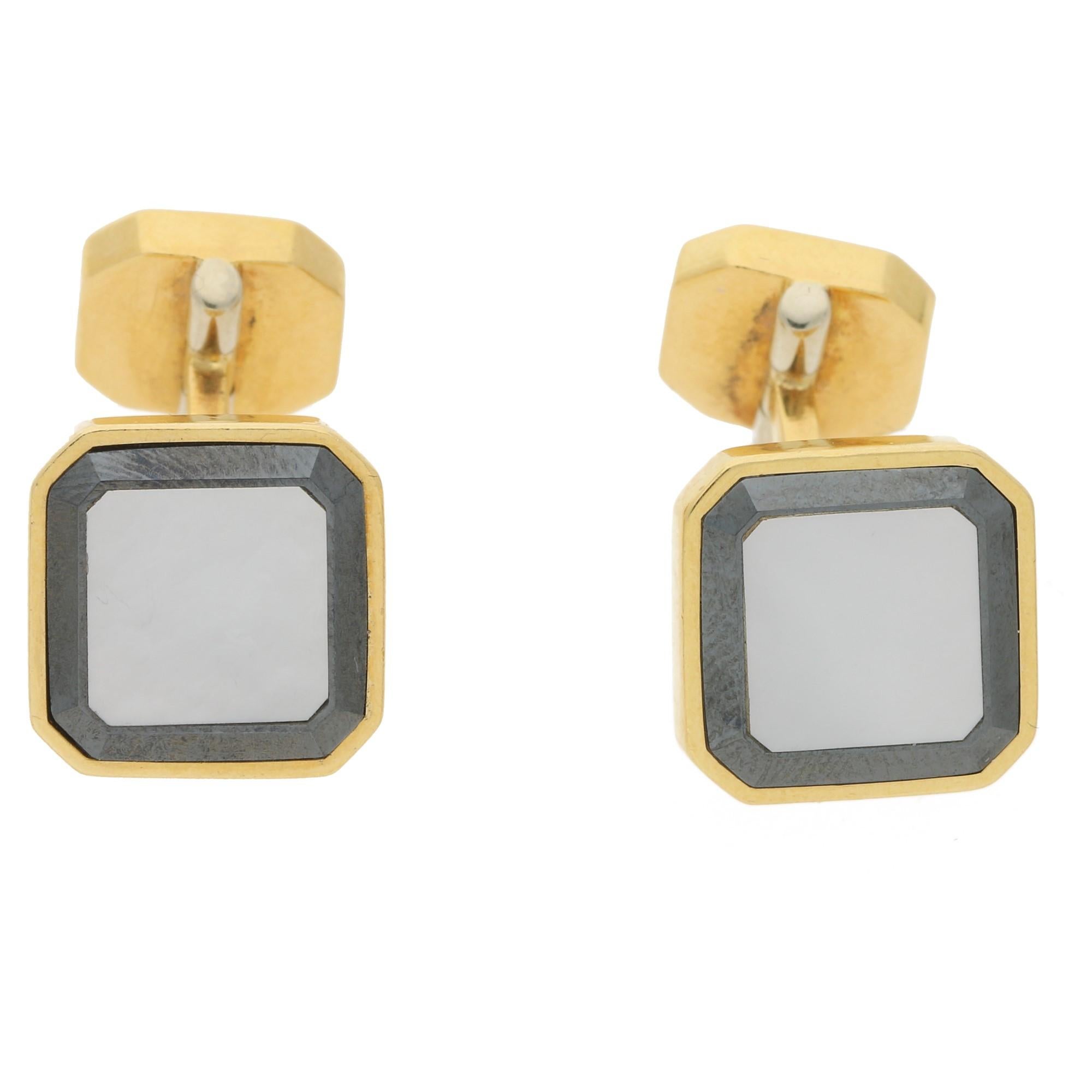 Vintage Piaget Cufflinks in 18 Carat Yellow Gold with Onyx and Mother-of-Pearl For Sale