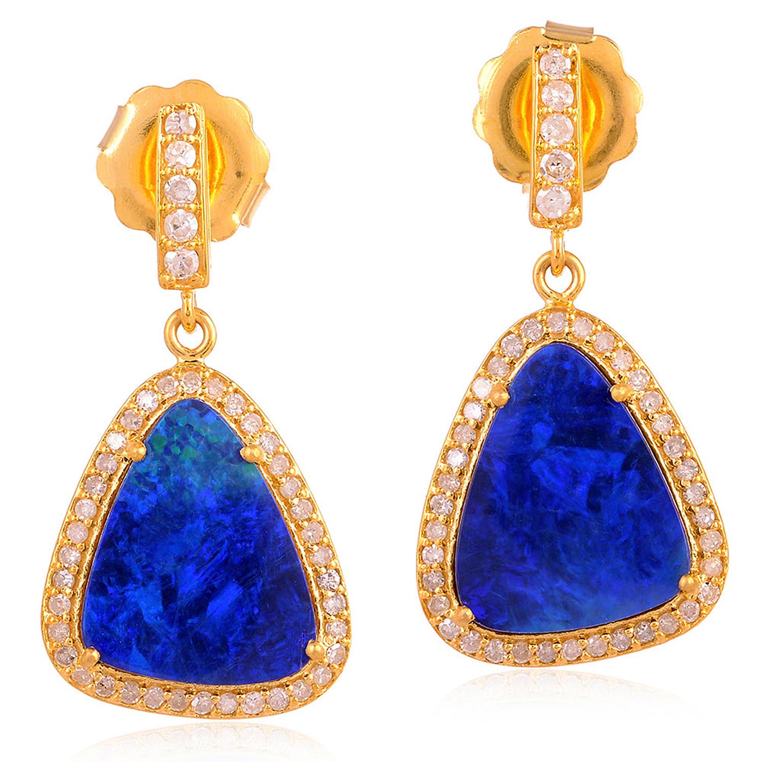 Single Cut 18 Karat Gold Opal Diamond Drop Earrings For Sale