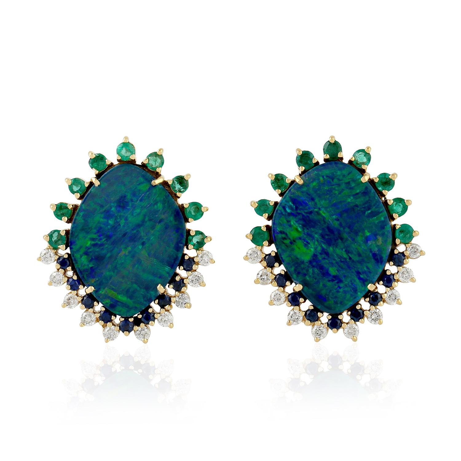 Mixed Cut 18 Karat Gold Opal Diamond Stud Earrings For Sale