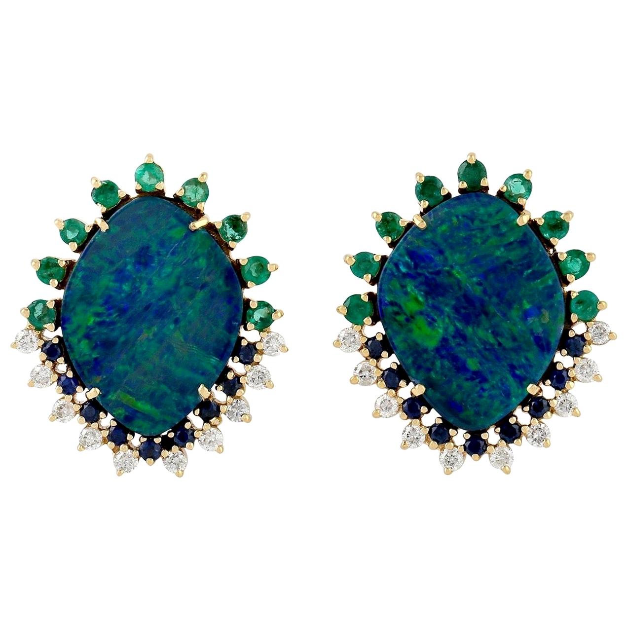 18 Karat Gold Opal Diamond Stud Earrings