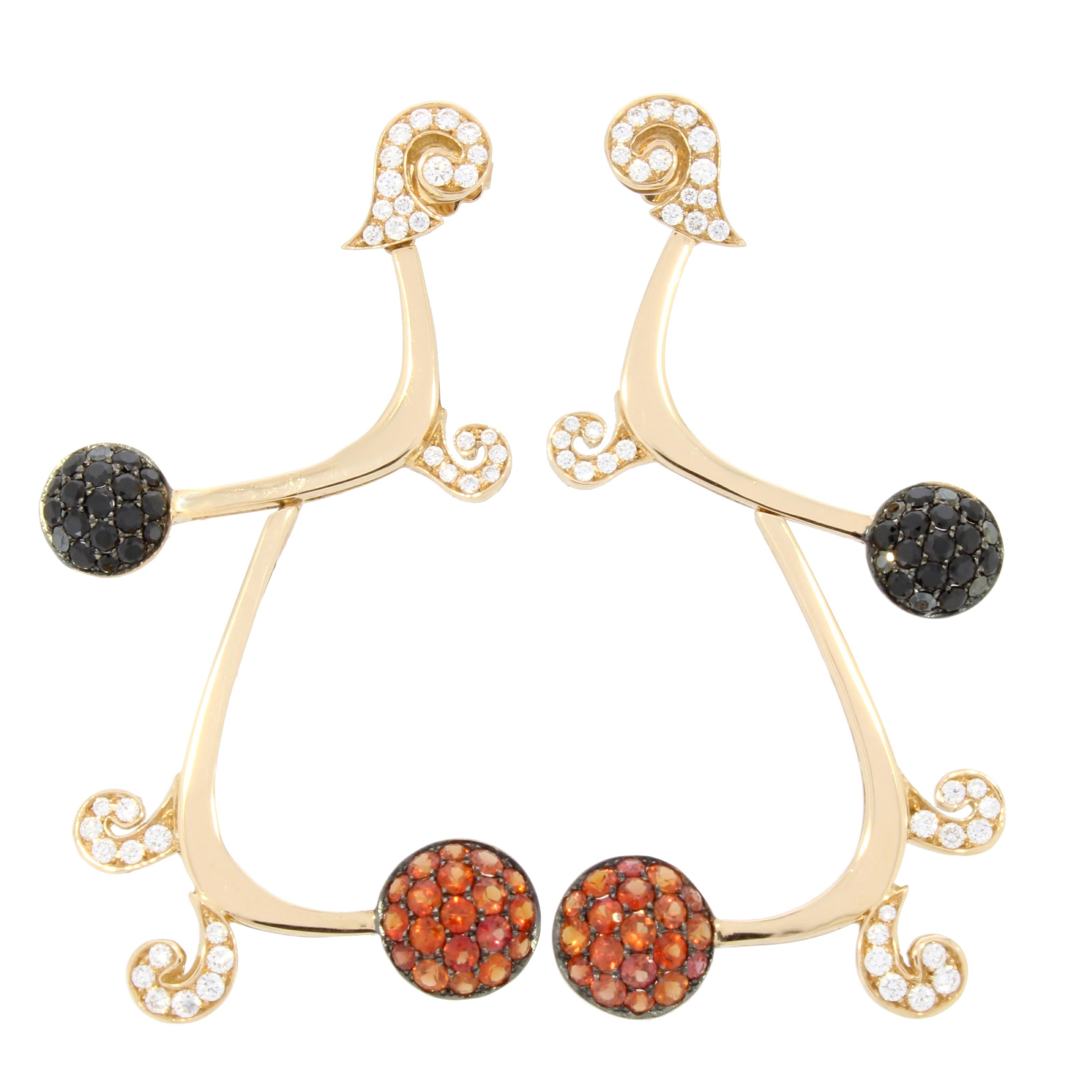 Contemporary 18 Karat Gold Orange Sapphires Black Spinel and Diamonds Earrings by Niquesa For Sale