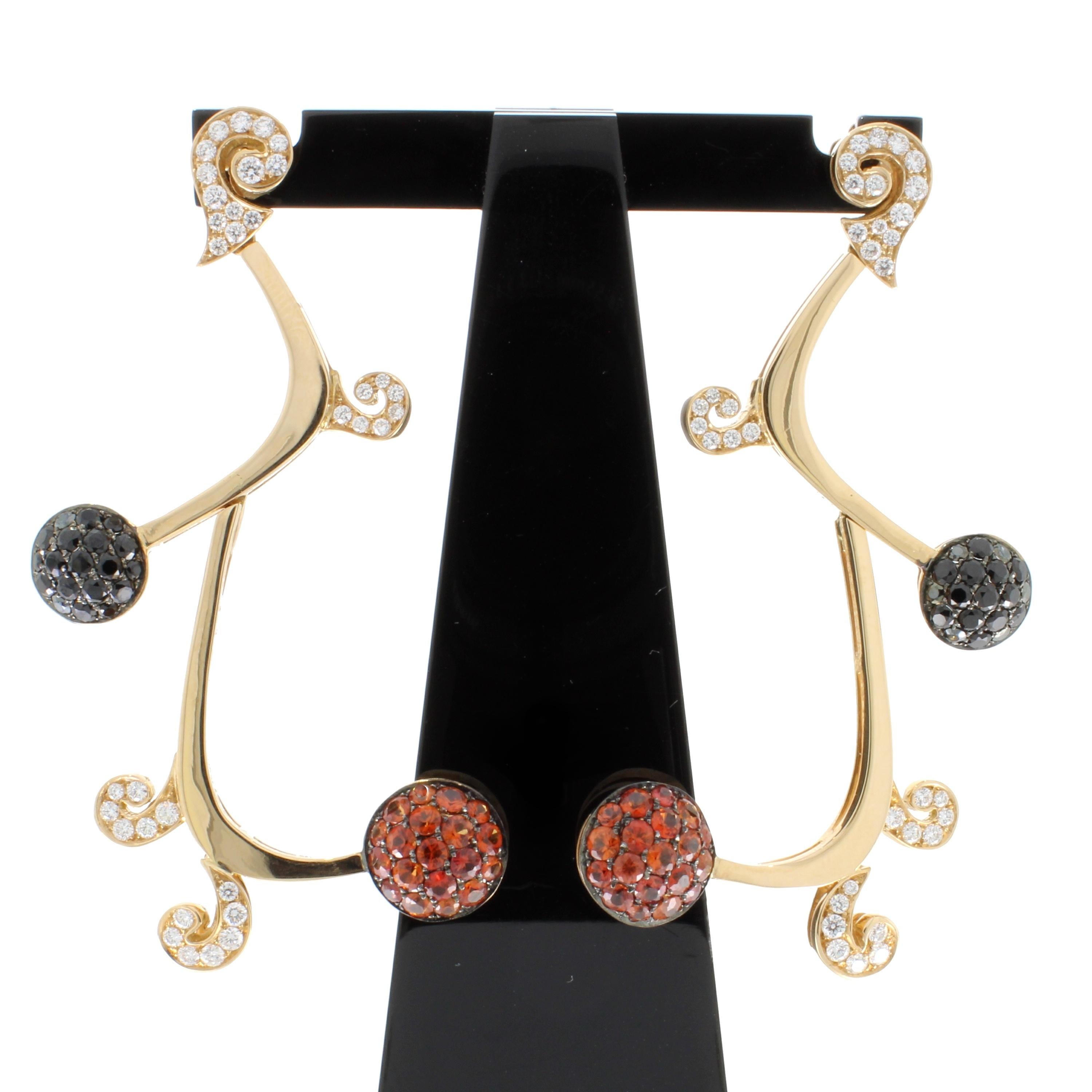 Women's 18 Karat Gold Orange Sapphires Black Spinel and Diamonds Earrings by Niquesa For Sale