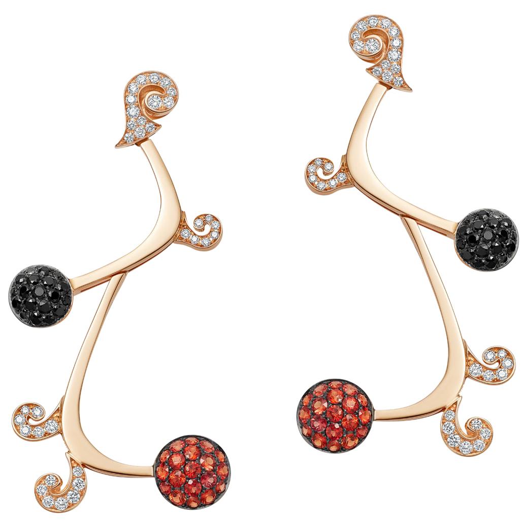 18 Karat Gold Orange Sapphires Black Spinel and Diamonds Earrings by Niquesa For Sale