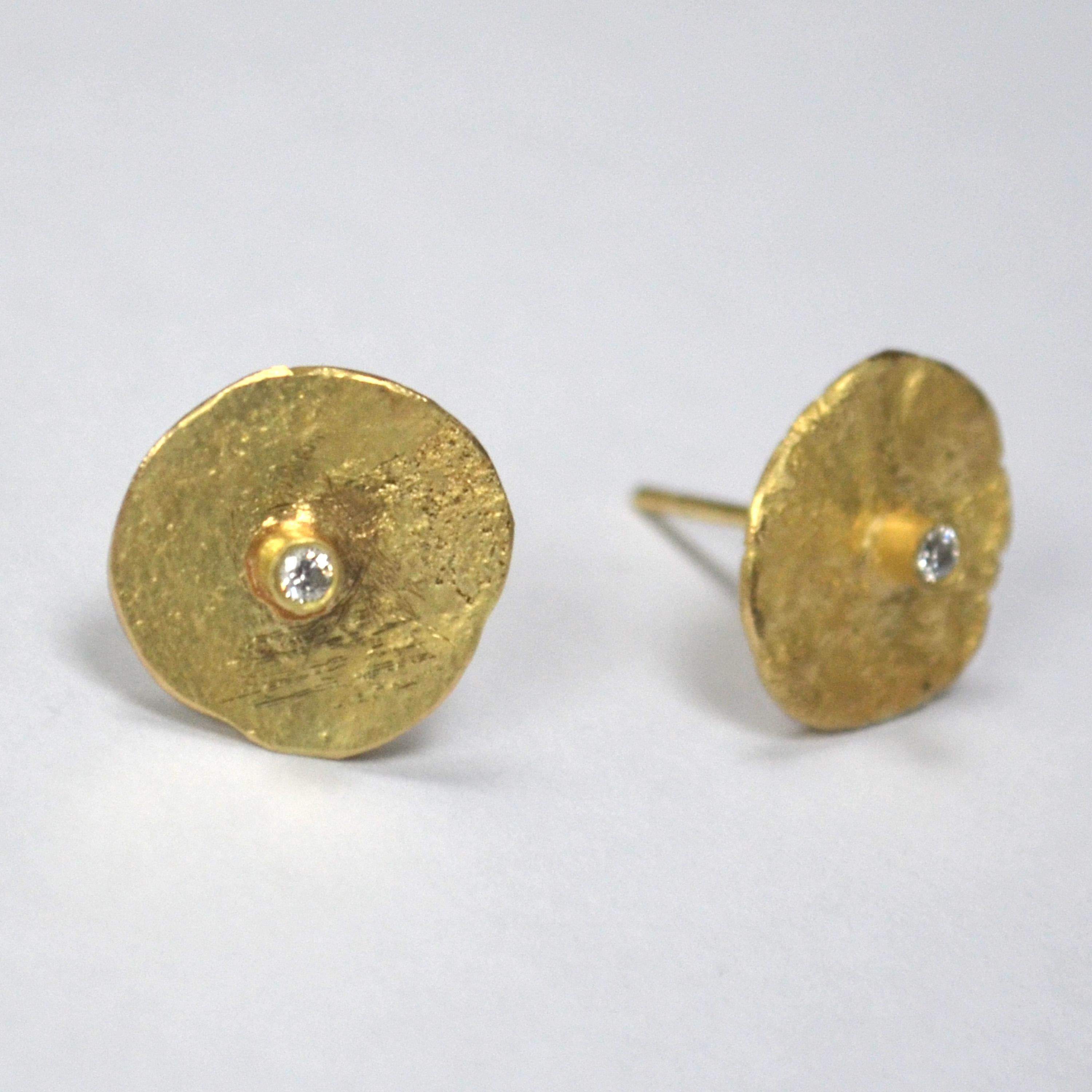 Contemporary 18 Karat Gold Organic Texture Diamond Disc Earrings Handmade by Disa Allsopp For Sale