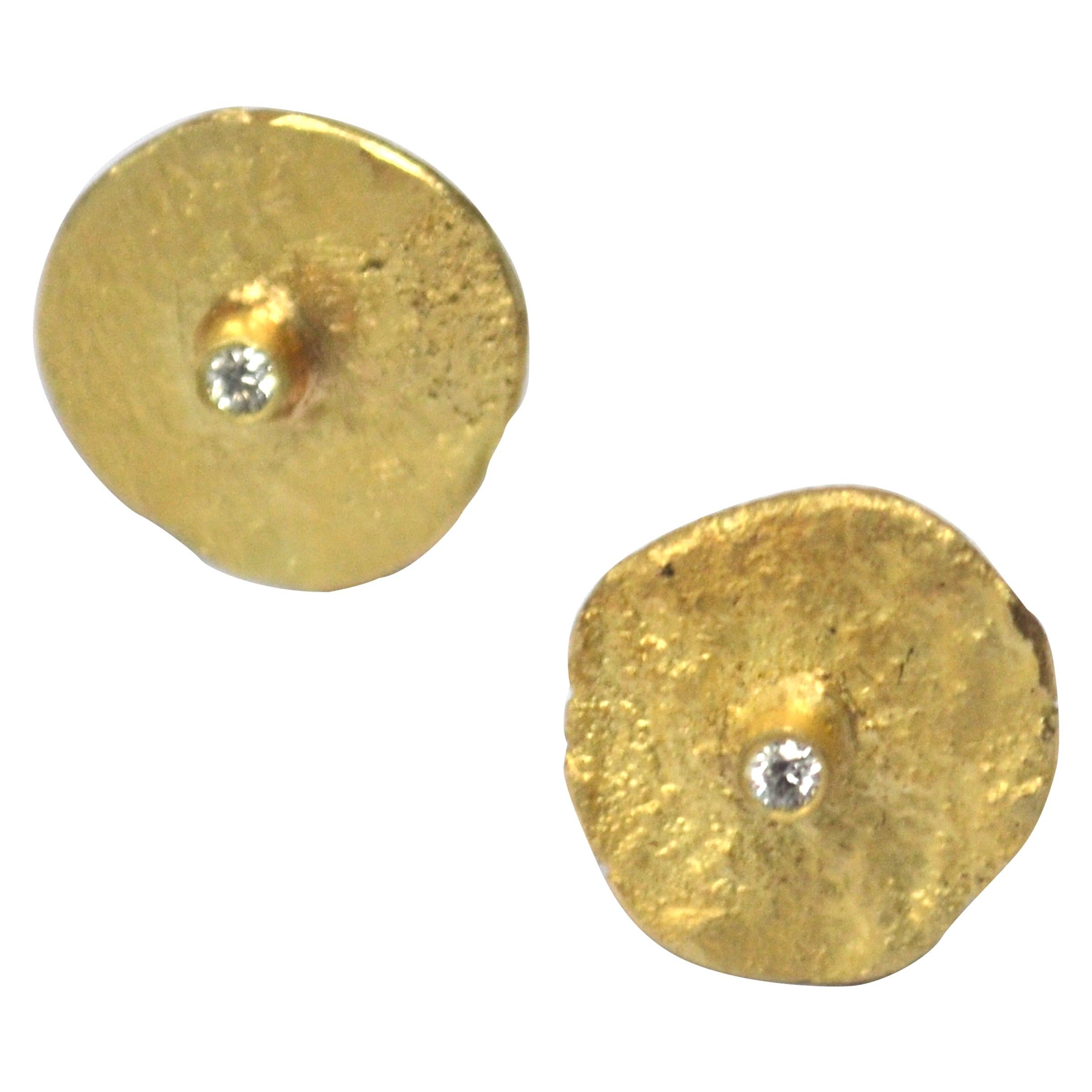 18 Karat Gold Organic Texture Diamond Disc Earrings Handmade by Disa Allsopp For Sale