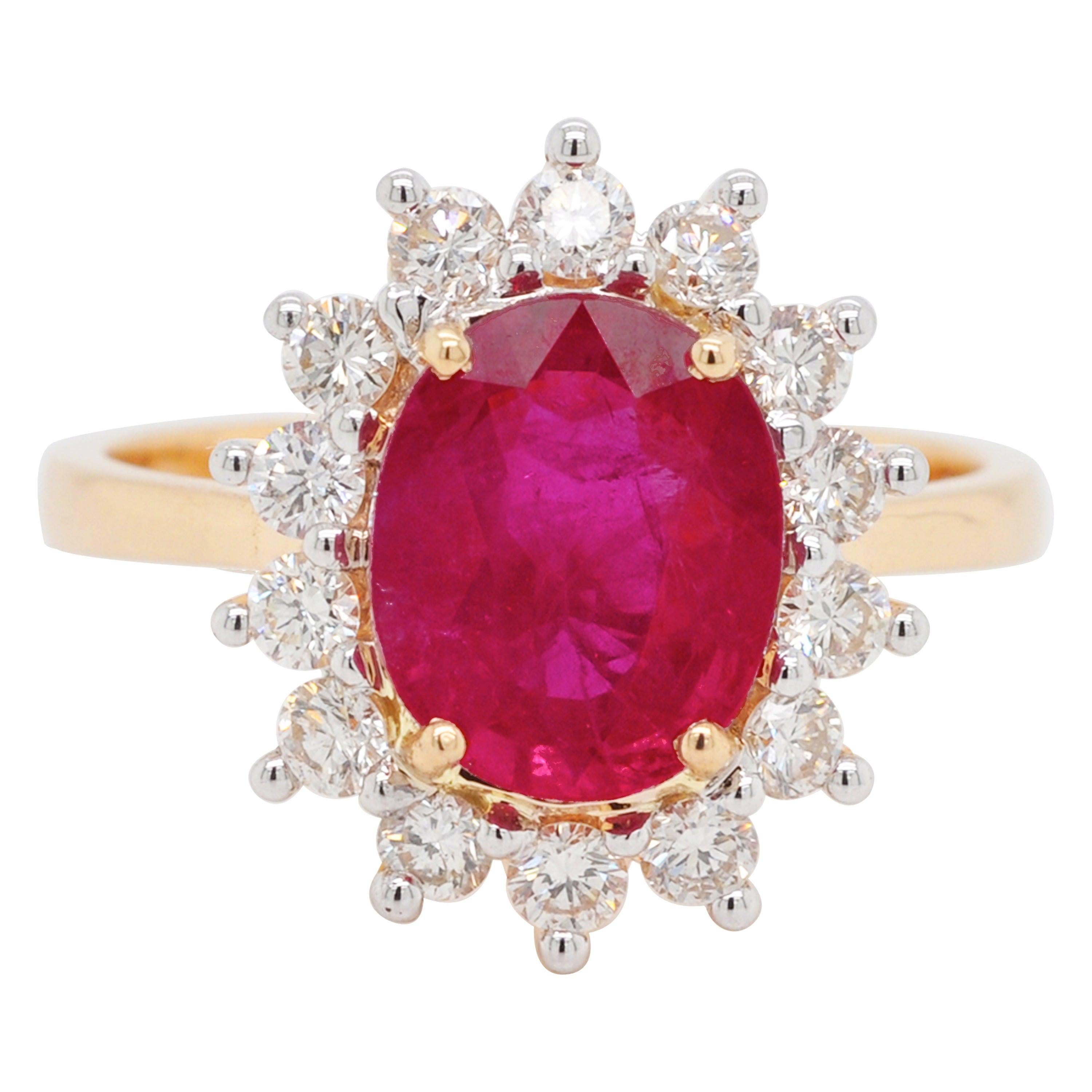18K Gold Oval Certified Mozambique Ruby Diamond Cluster Engagement Bridal Ring For Sale