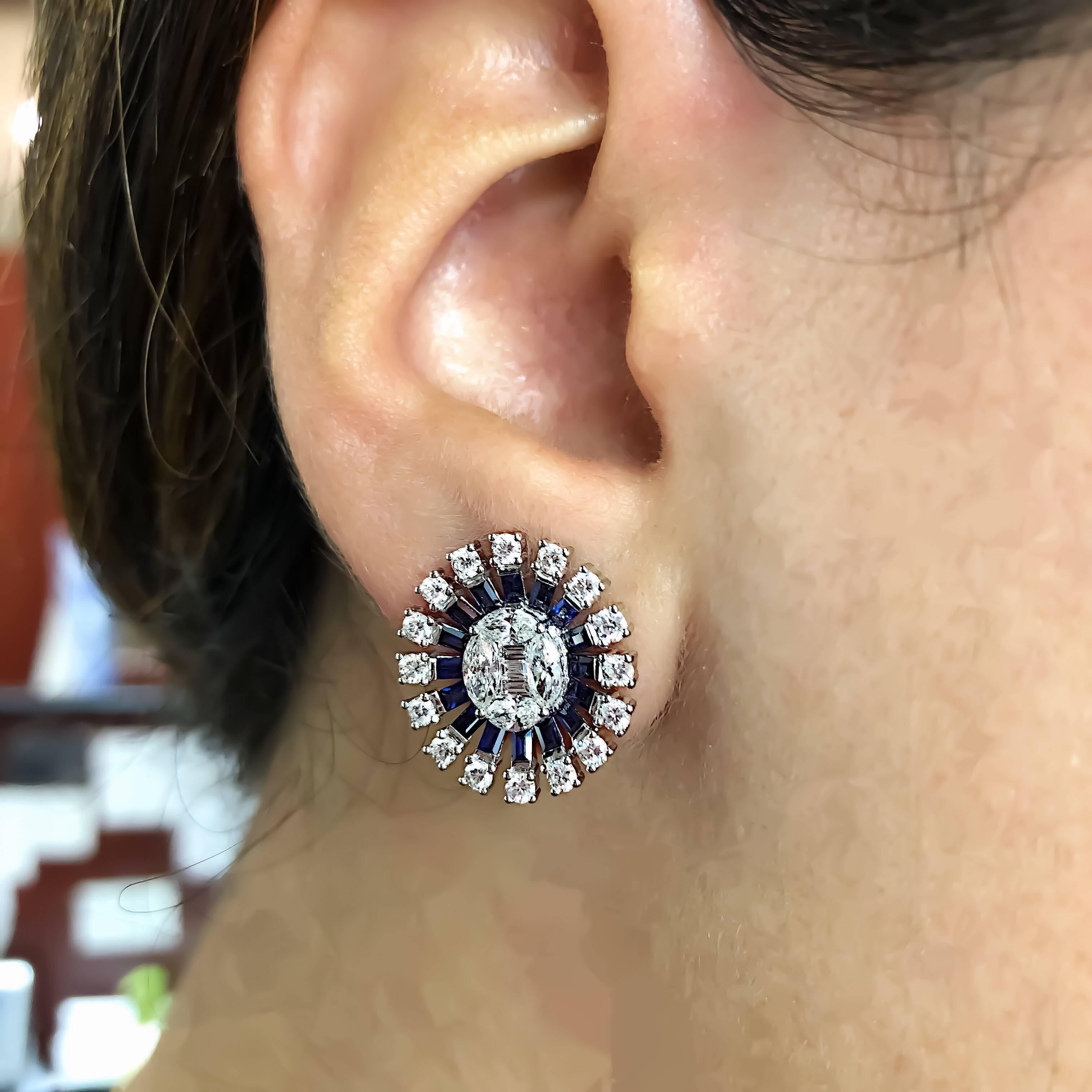 Contemporary 18 Karat Gold Oval Cluster Push-Back Earrings Diamond and Sapphire Gemstones