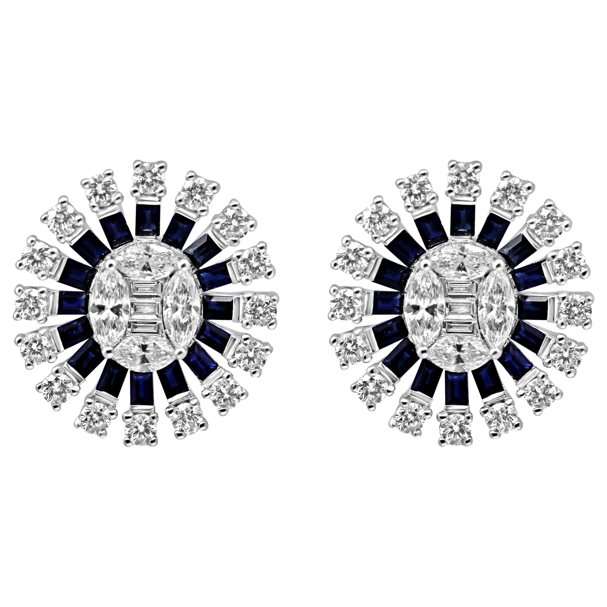 18 Karat Gold Oval Cluster Push-Back Earrings Diamond and Sapphire Gemstones