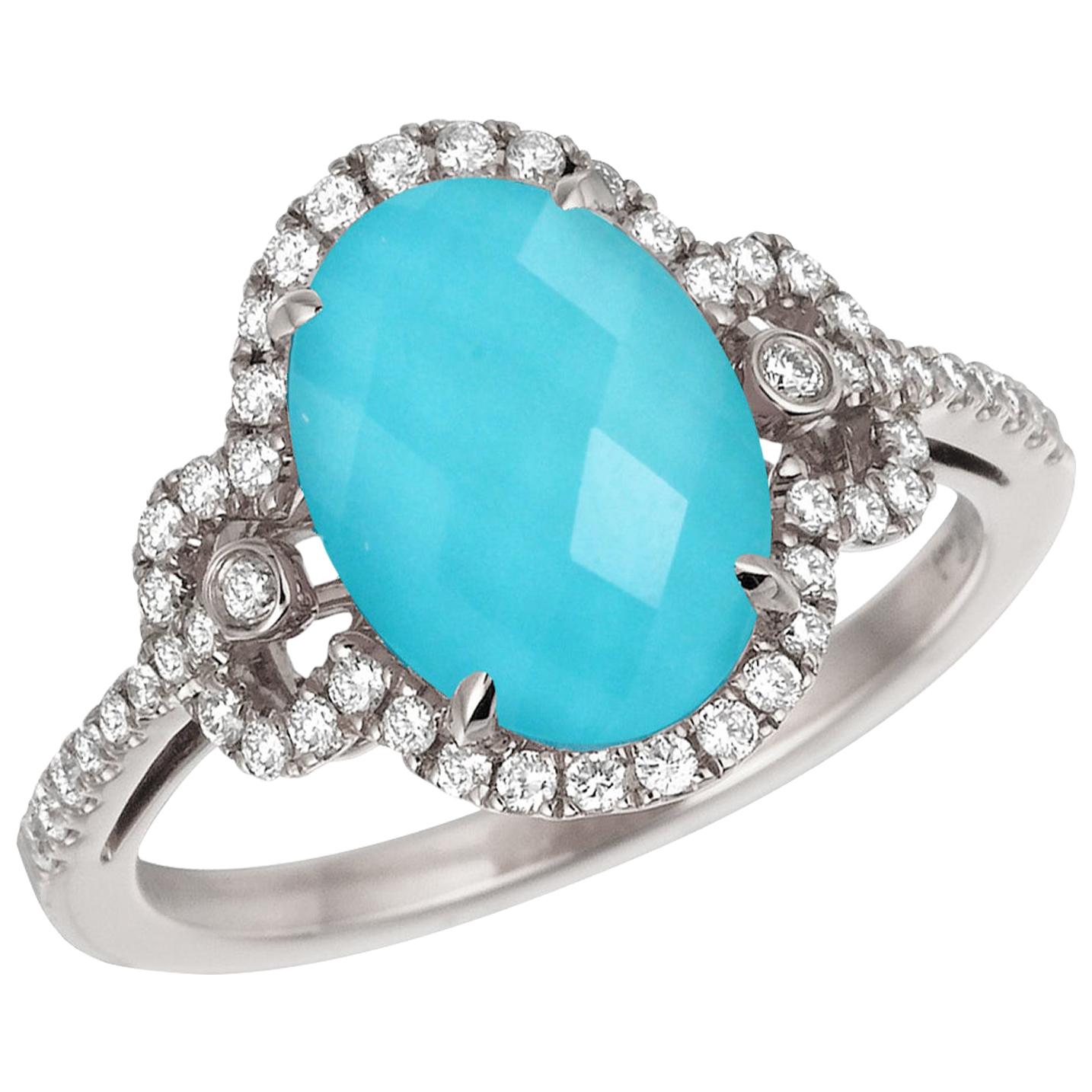 18 Karat Gold Oval Cocktail Doublet Ring with White Topaz, Turquoise & Diamonds