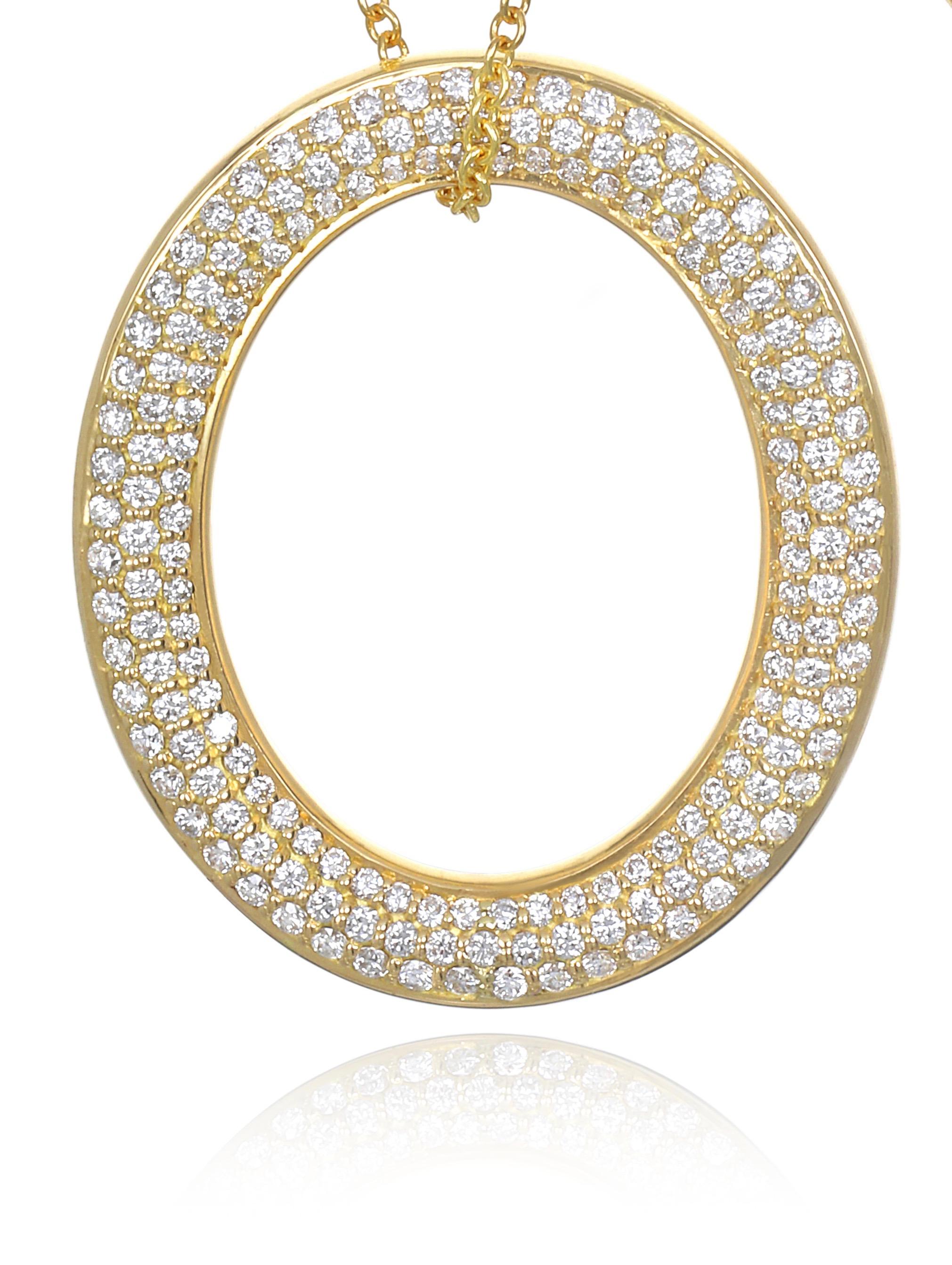 Round Cut 18 Karat Gold Oval Diamond Micro Pave Reversible Pendant Necklace