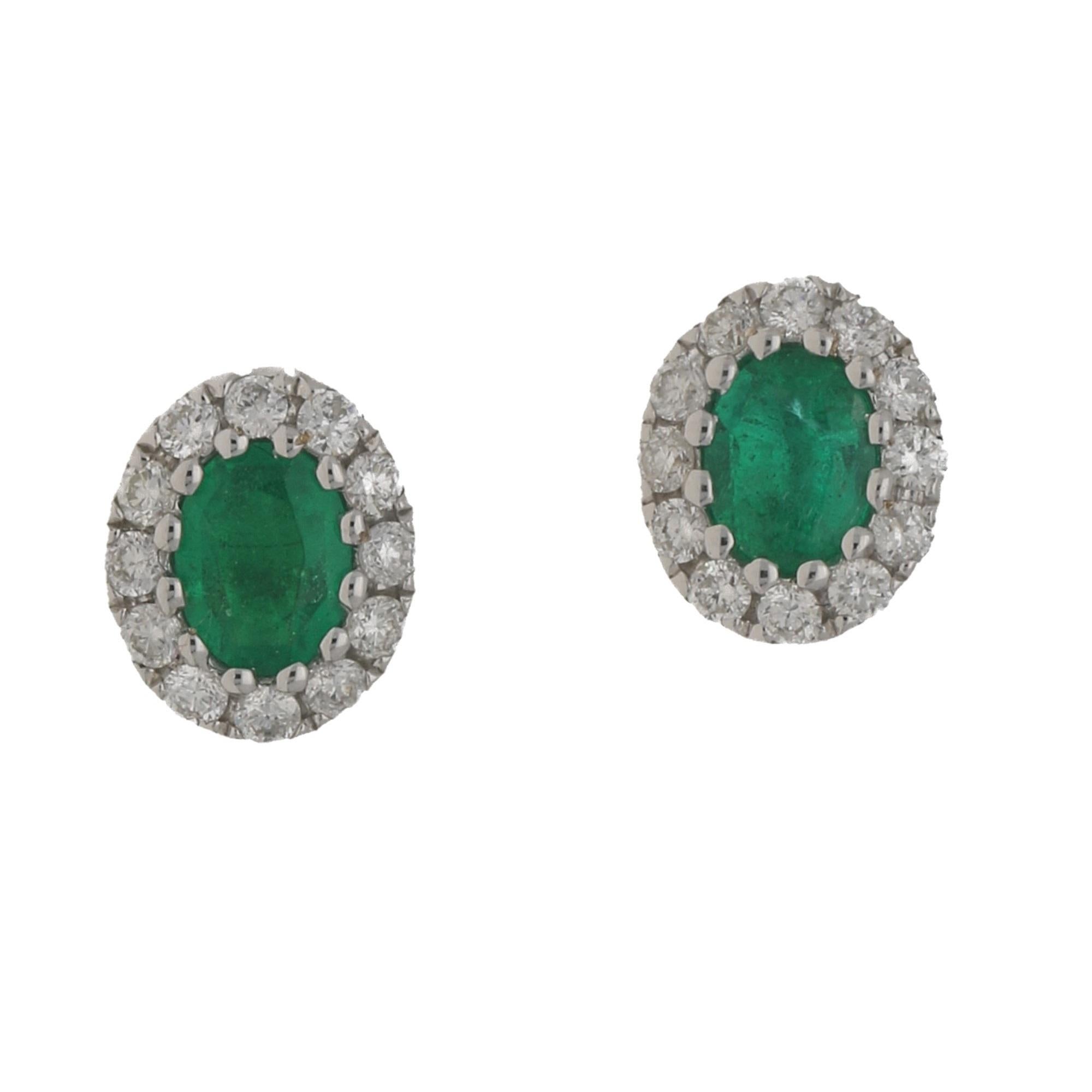 18 Karat Gold Oval Emerald Diamond Cluster Earrings