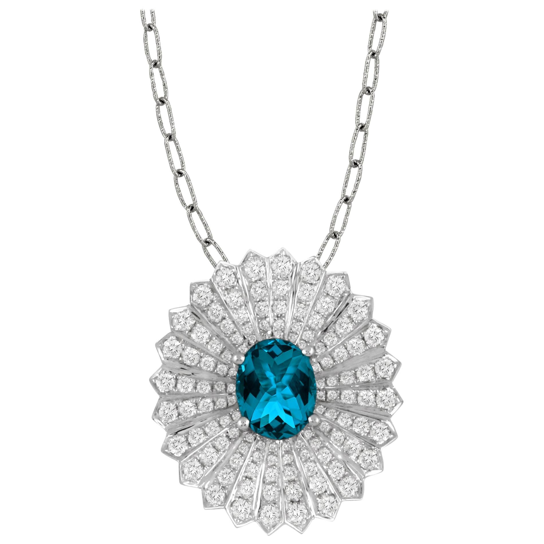18 Karat Gold Oval Pendant Fashion Necklace with London Blue Topaz and Diamonds