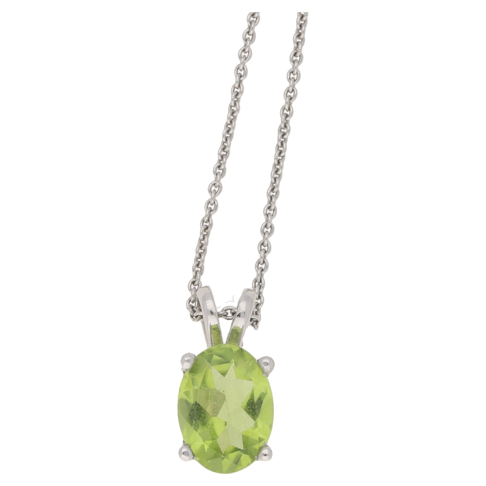 Oval Peridot Drop Pendant on Chain in 18 Karat White Gold  For Sale