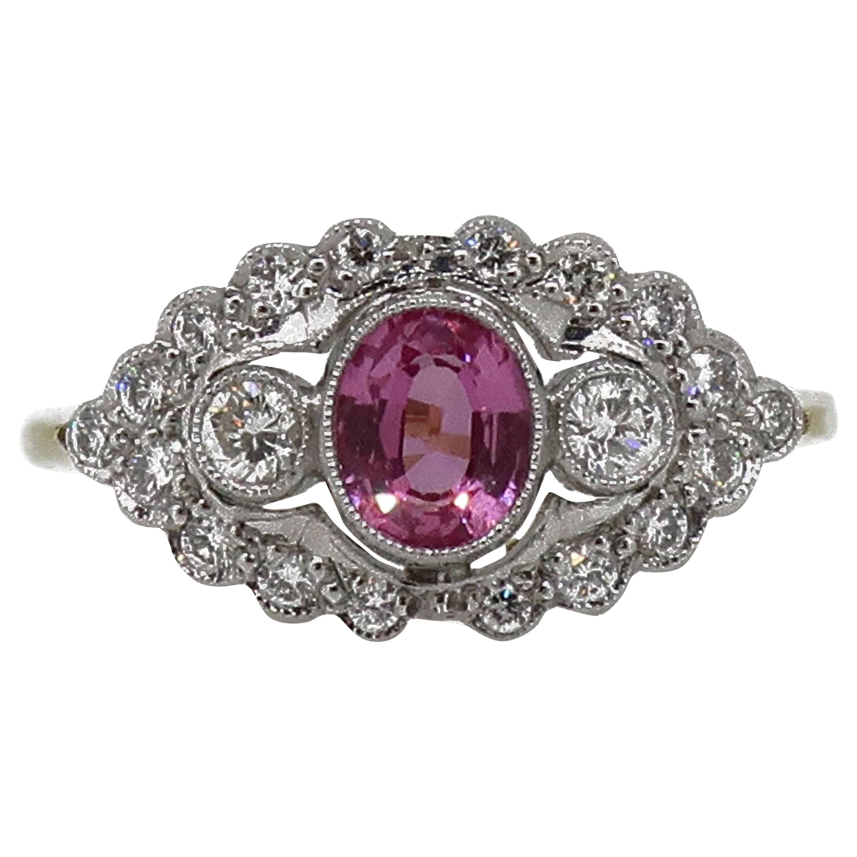 18 Karat Gold Oval Pink Sapphire and Diamond Art Deco Style Cluster Ring