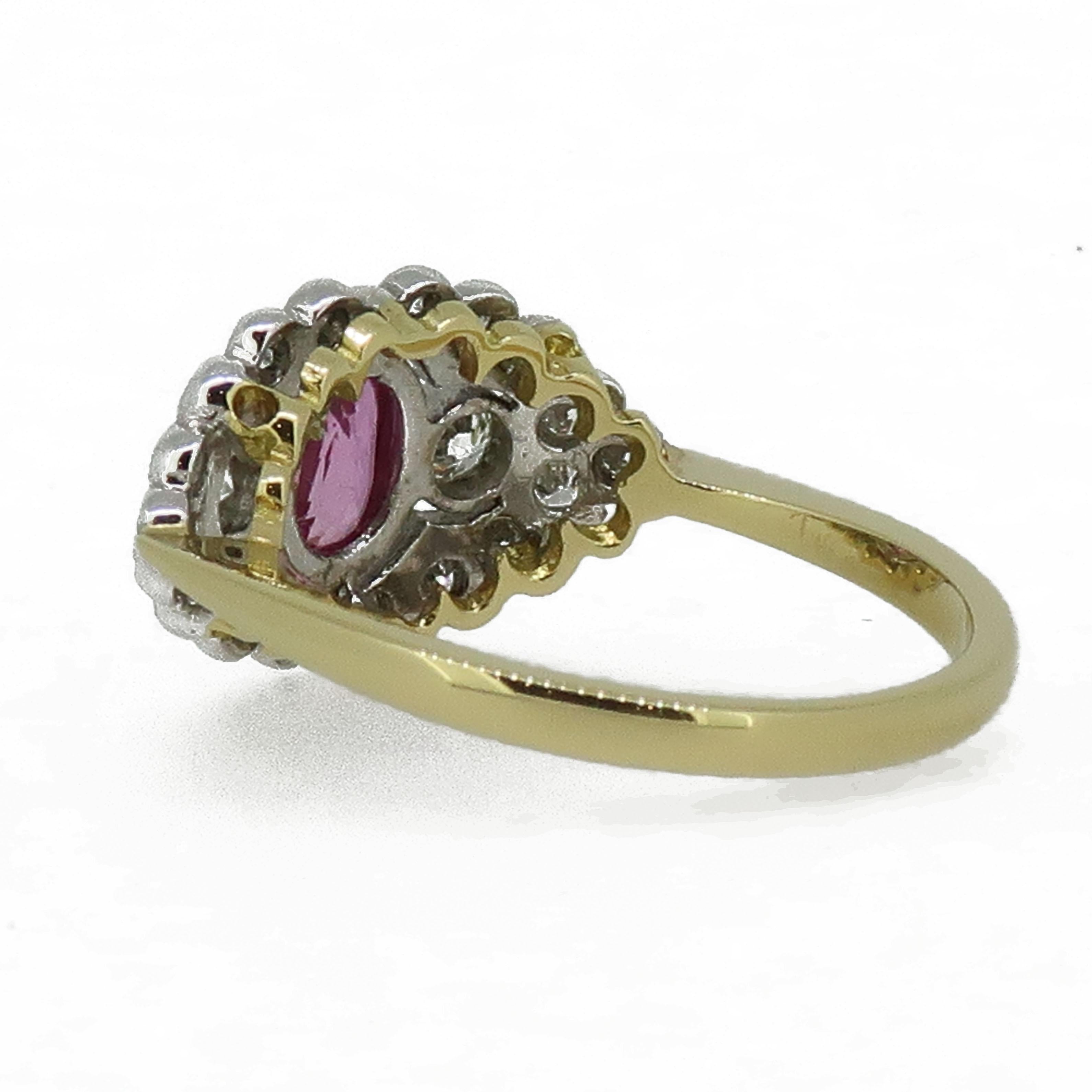 Oval Cut 18 Karat Gold Oval Pink Sapphire and Diamond Art Deco Style Cluster Ring