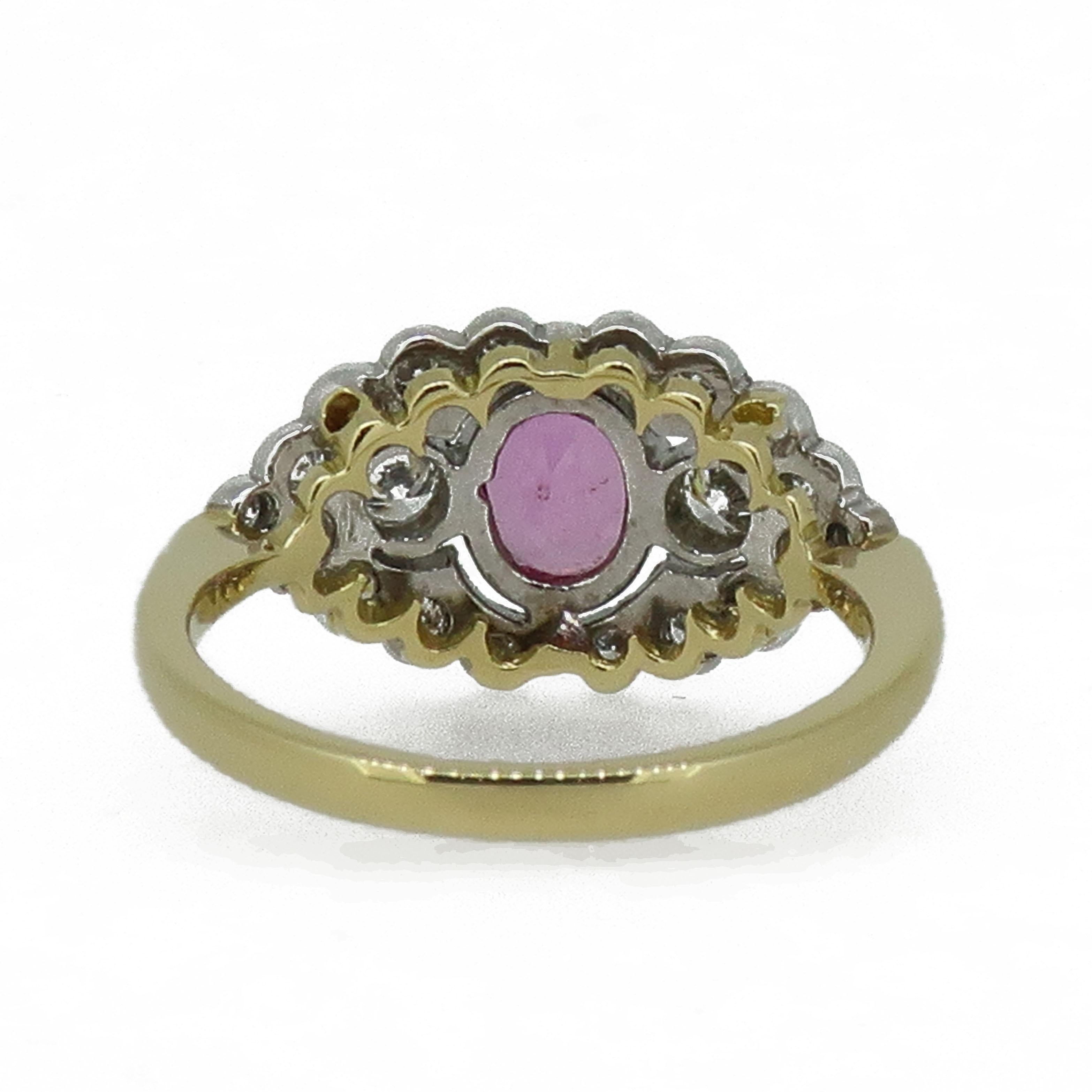18 Karat Gold Oval Pink Sapphire and Diamond Art Deco Style Cluster Ring In New Condition In East Grinstead, GB