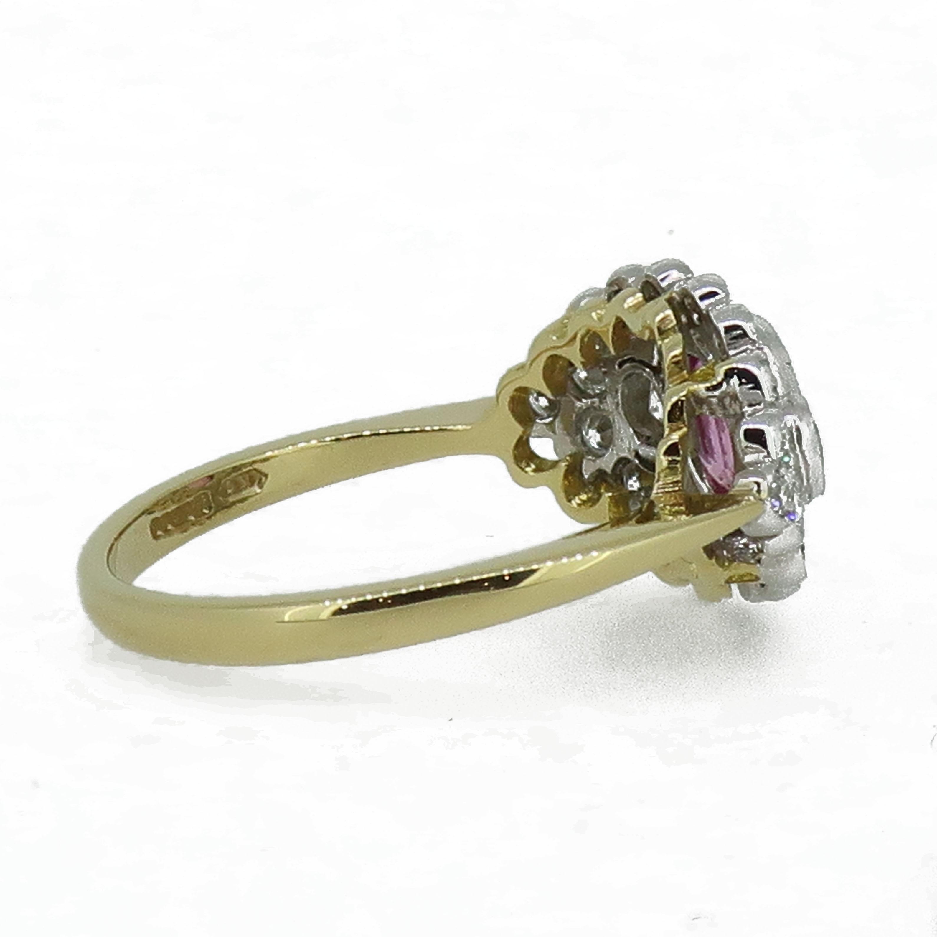 Women's 18 Karat Gold Oval Pink Sapphire and Diamond Art Deco Style Cluster Ring