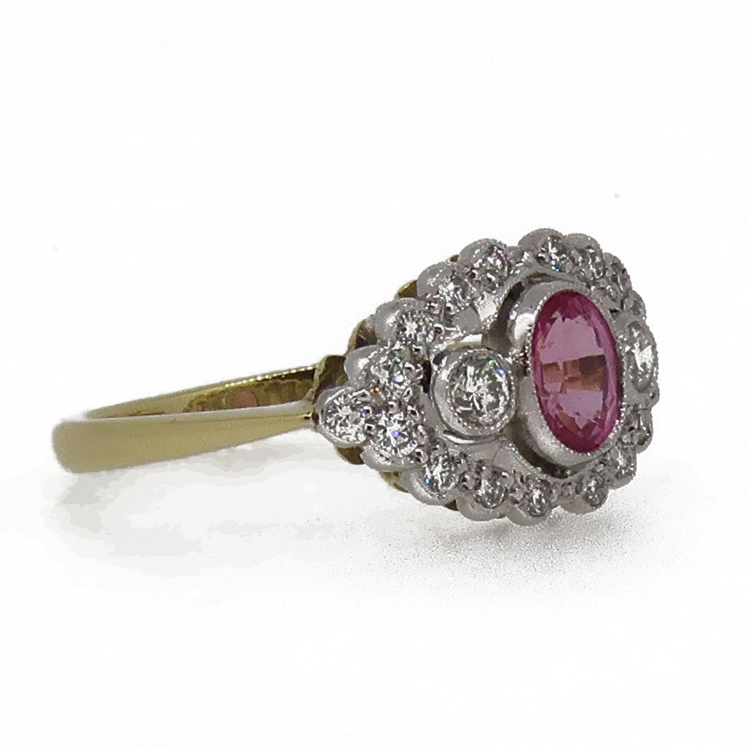 18 Karat Gold Oval Pink Sapphire and Diamond Art Deco Style Cluster Ring 1