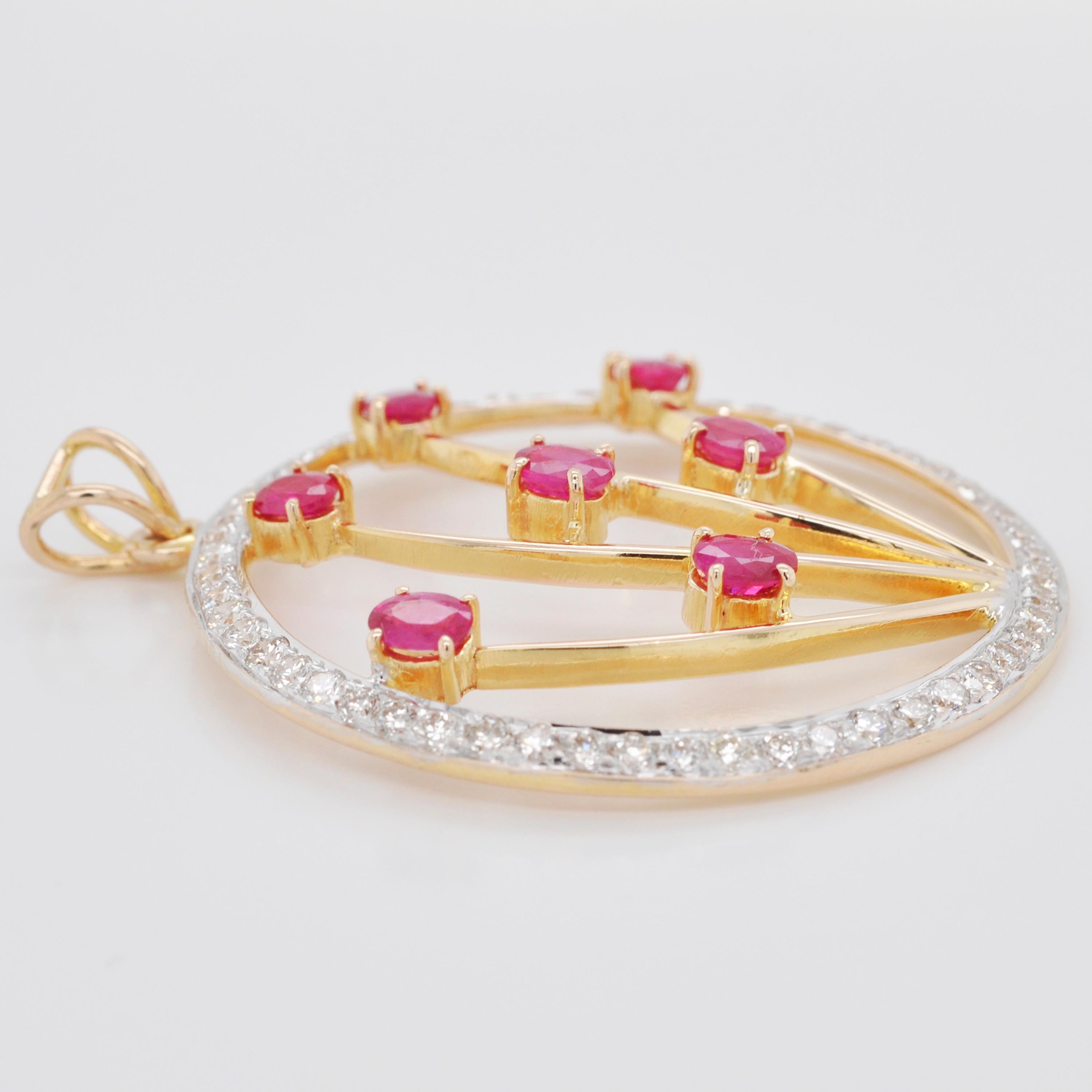 Women's 18 Karat Gold Oval Ruby Diamond Circle Pendant Necklace For Sale