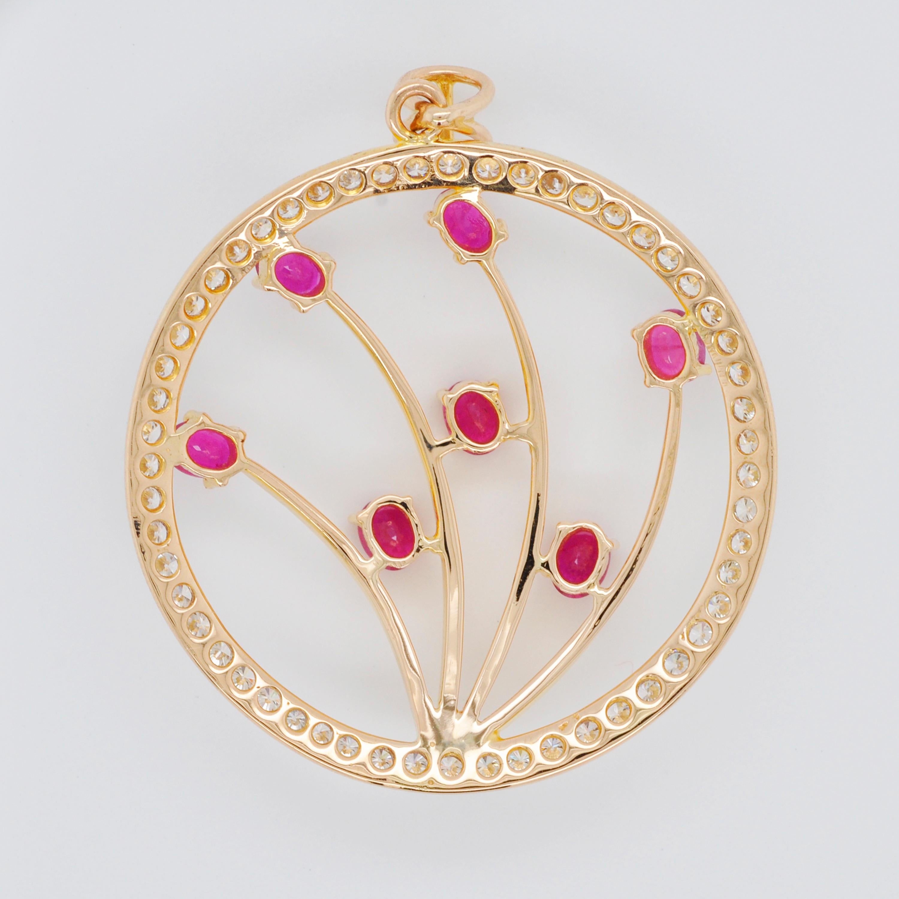 18 Karat Gold Oval Ruby Diamond Circle Pendant Necklace For Sale 1