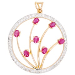 Used 18 Karat Gold Oval Ruby Diamond Circle Pendant Necklace