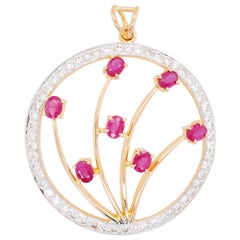 18 Karat Gold Oval Ruby Diamond Circle Pendant Necklace