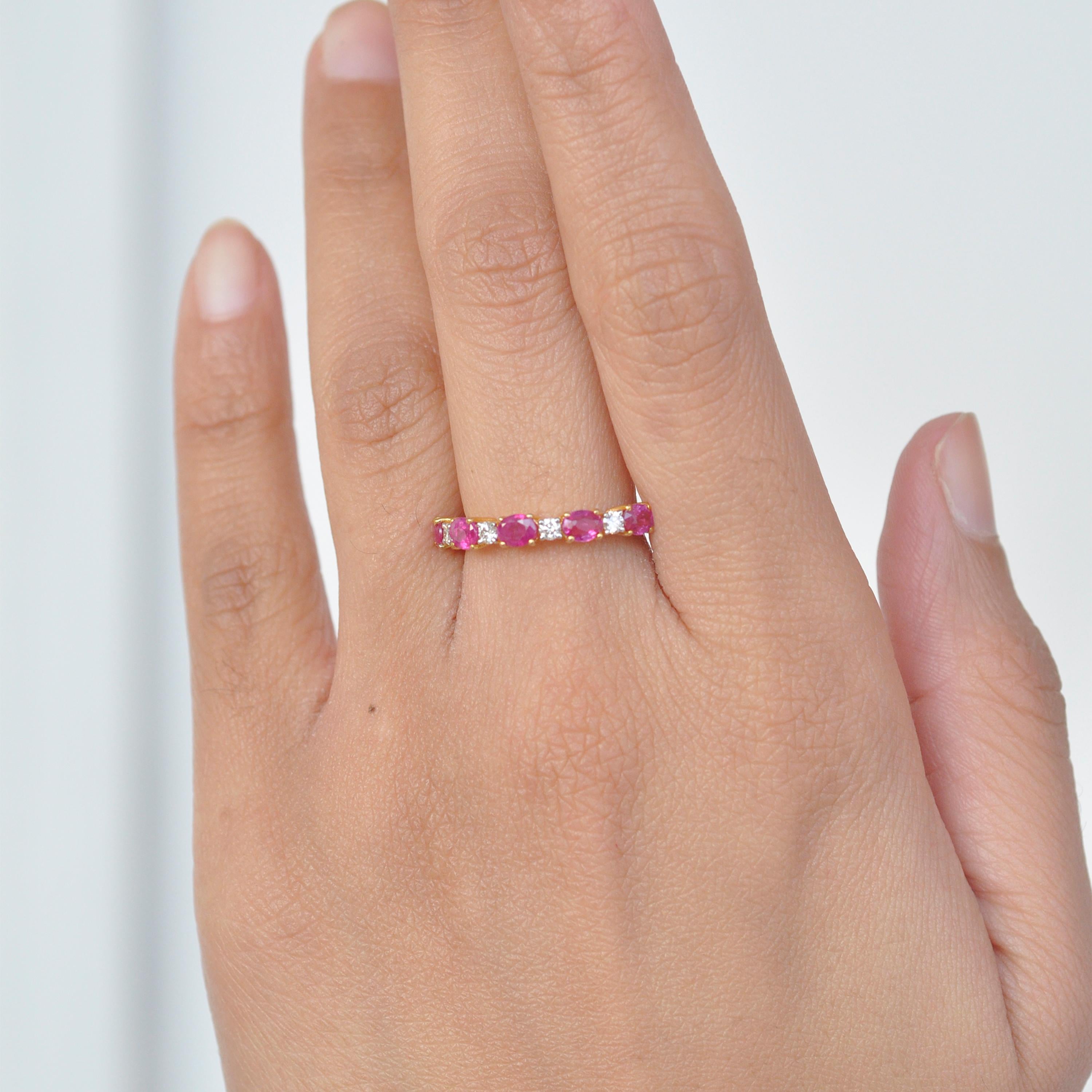 For Sale:  18 Karat Gold Oval Ruby Diamond Linear Band Ring 7