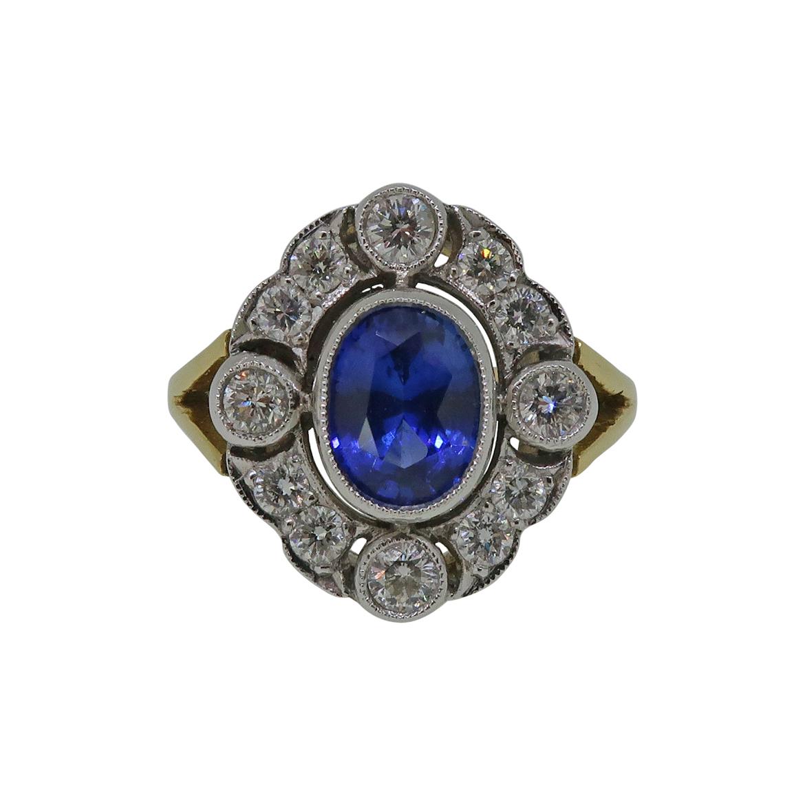 18 Karat Gold Oval Sapphire and Diamond Art Deco Style Cocktail Cluster Ring