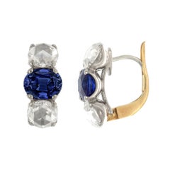 18 Karat Gold Oval Sapphire and Rose Cut Diamond, Three Stones Earrings