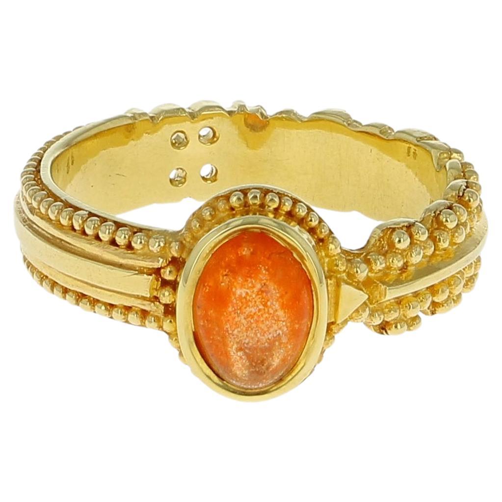 18 Karat Gold Oval Sunstone Solitaire Ring with Granulation For Sale