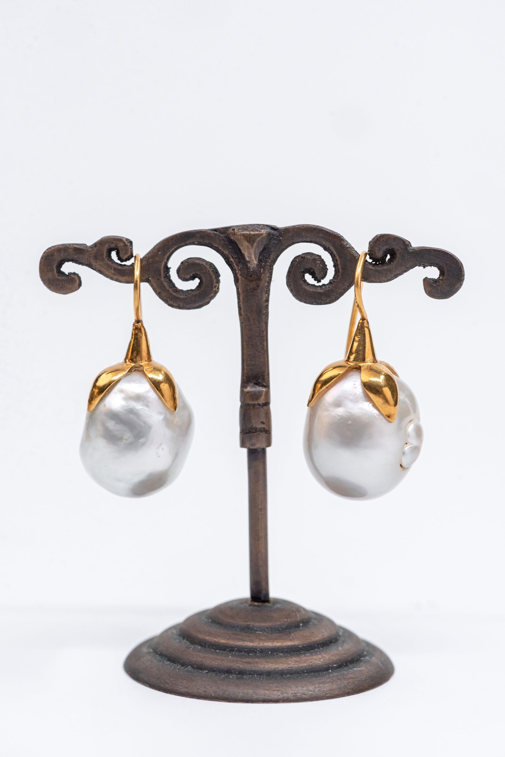 Women's 18 Karat Gold Oversized Baroque South Sea Pearl Dangle Earring For Sale