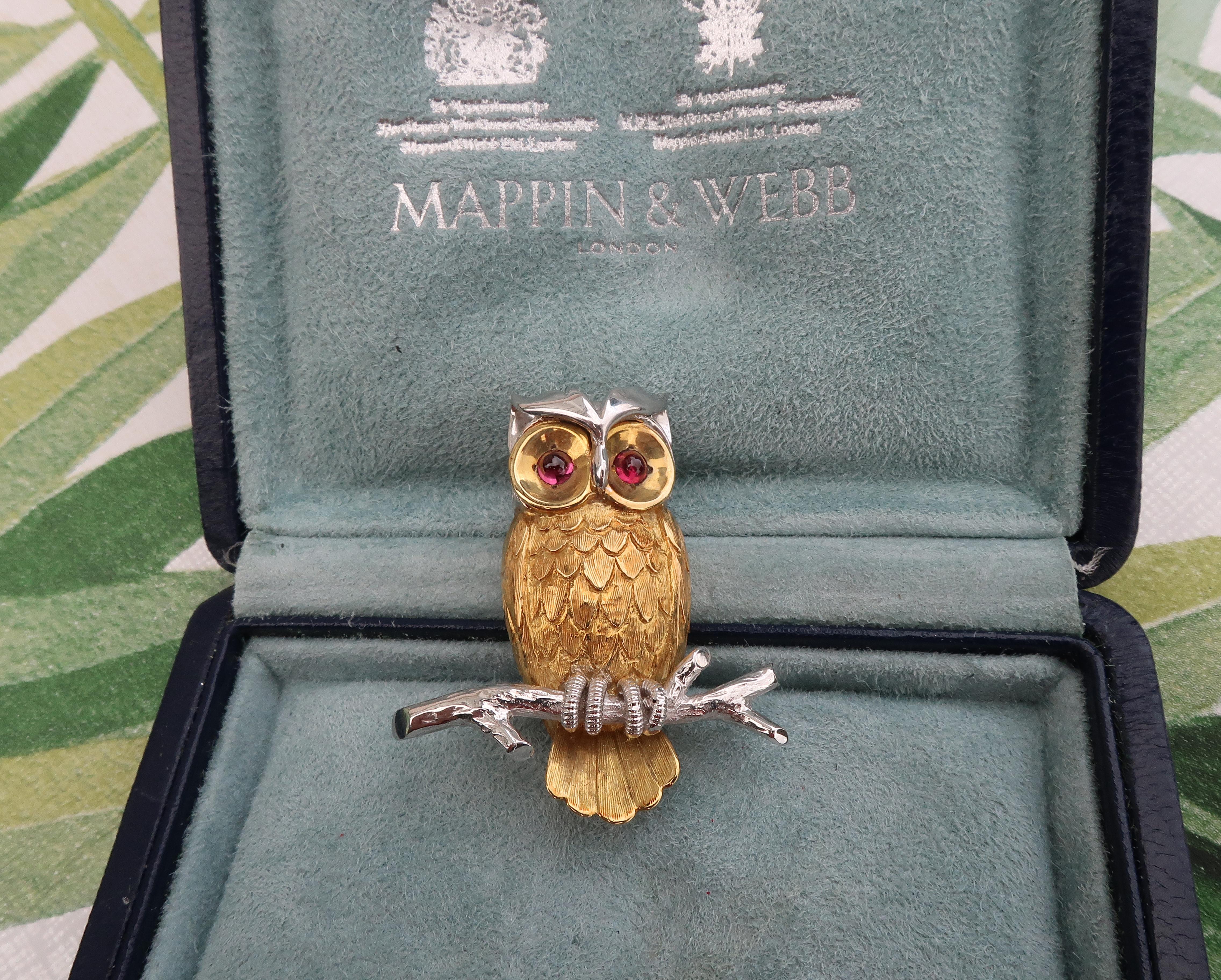 Women's 18 Karat Gold Owl Brooch with Ruby Eyes