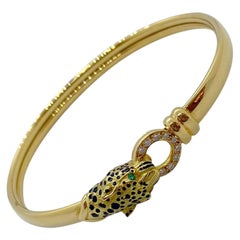 18 Karat Gold Panther Head Bangle Bracelet with Diamonds, Emeralds and Enamel