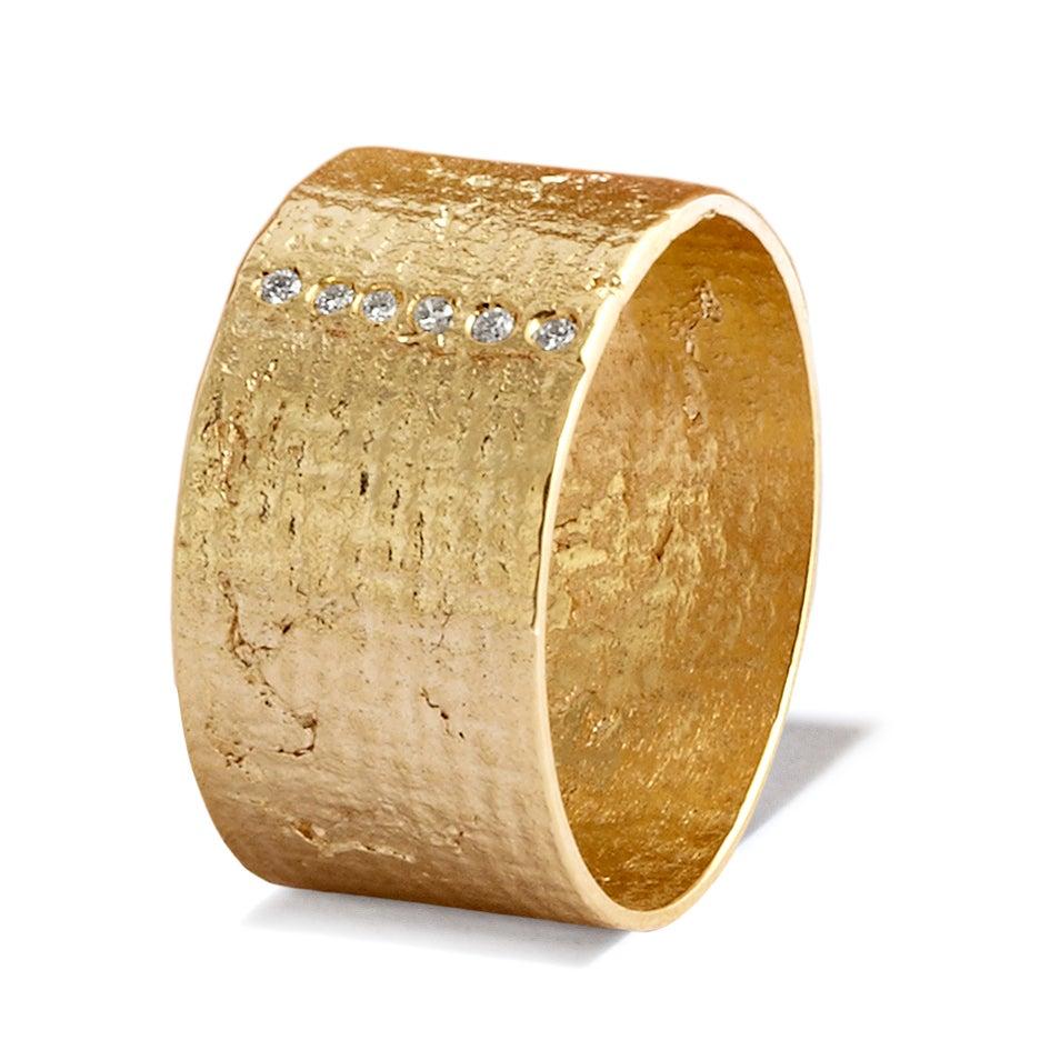 For Sale:  Textured 18 Karat Gold Paper Cigar Ring with Diamonds by Allison Bryan 2