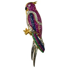 18 Karat Gold Parrot Brooch Sapphire Diamonds Emeralds 3.00 Total Carat Weight