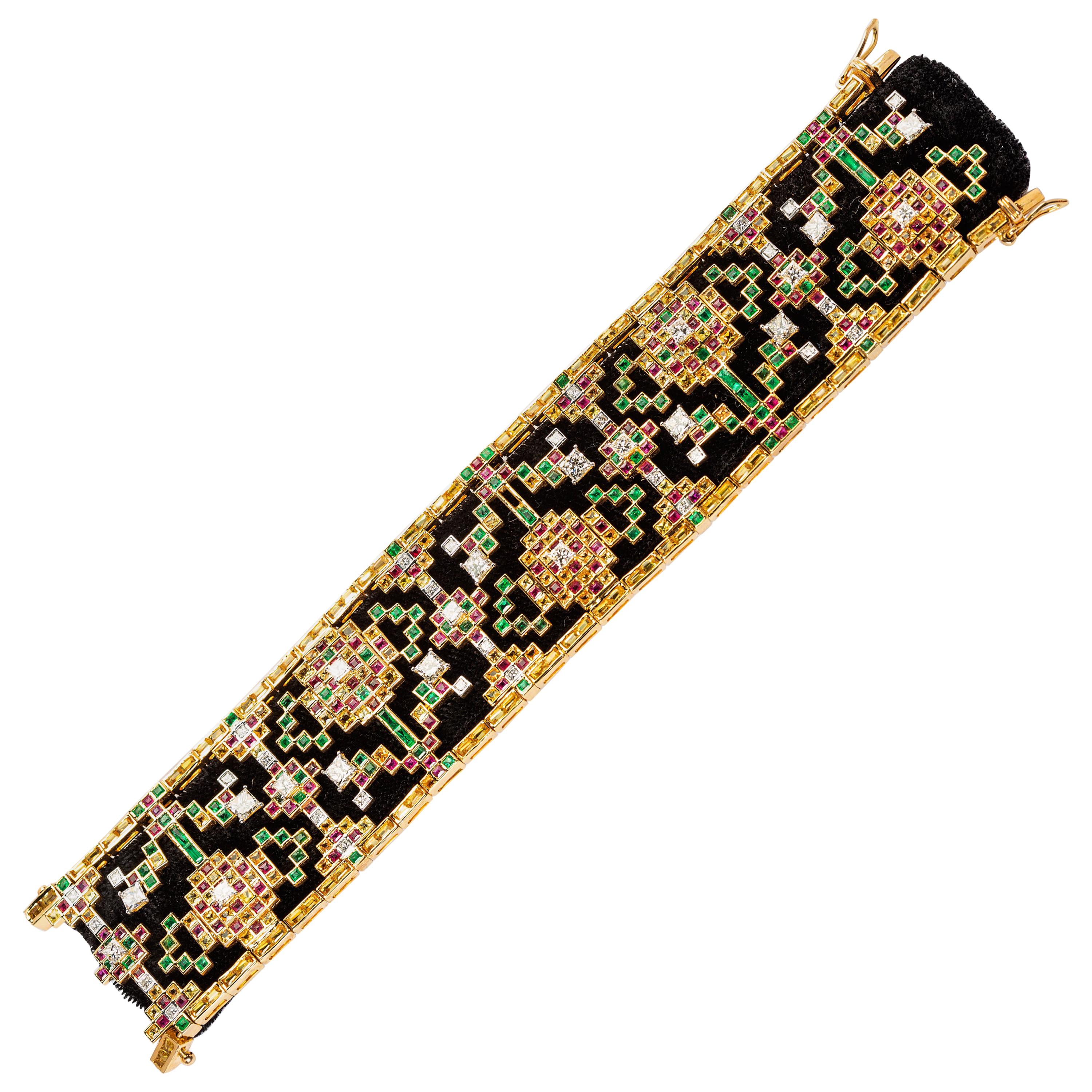 18 Karat Gold Patola Bracelet in Diamonds, Yellow Sapphires, Rubies and Emeralds For Sale