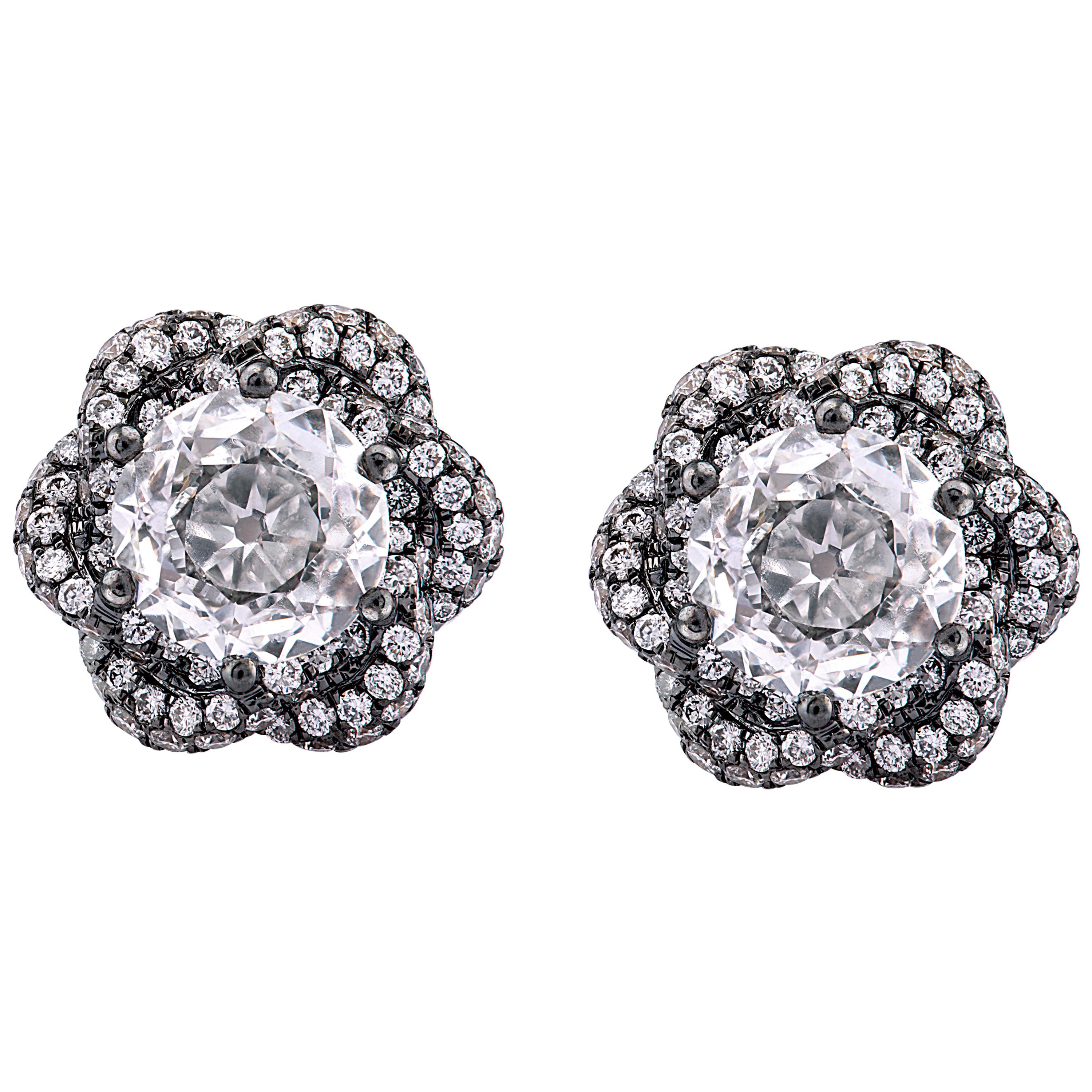 18K Rose Gold Pave Border 0.75ct Each Hexagon Diamond Flower Earrings