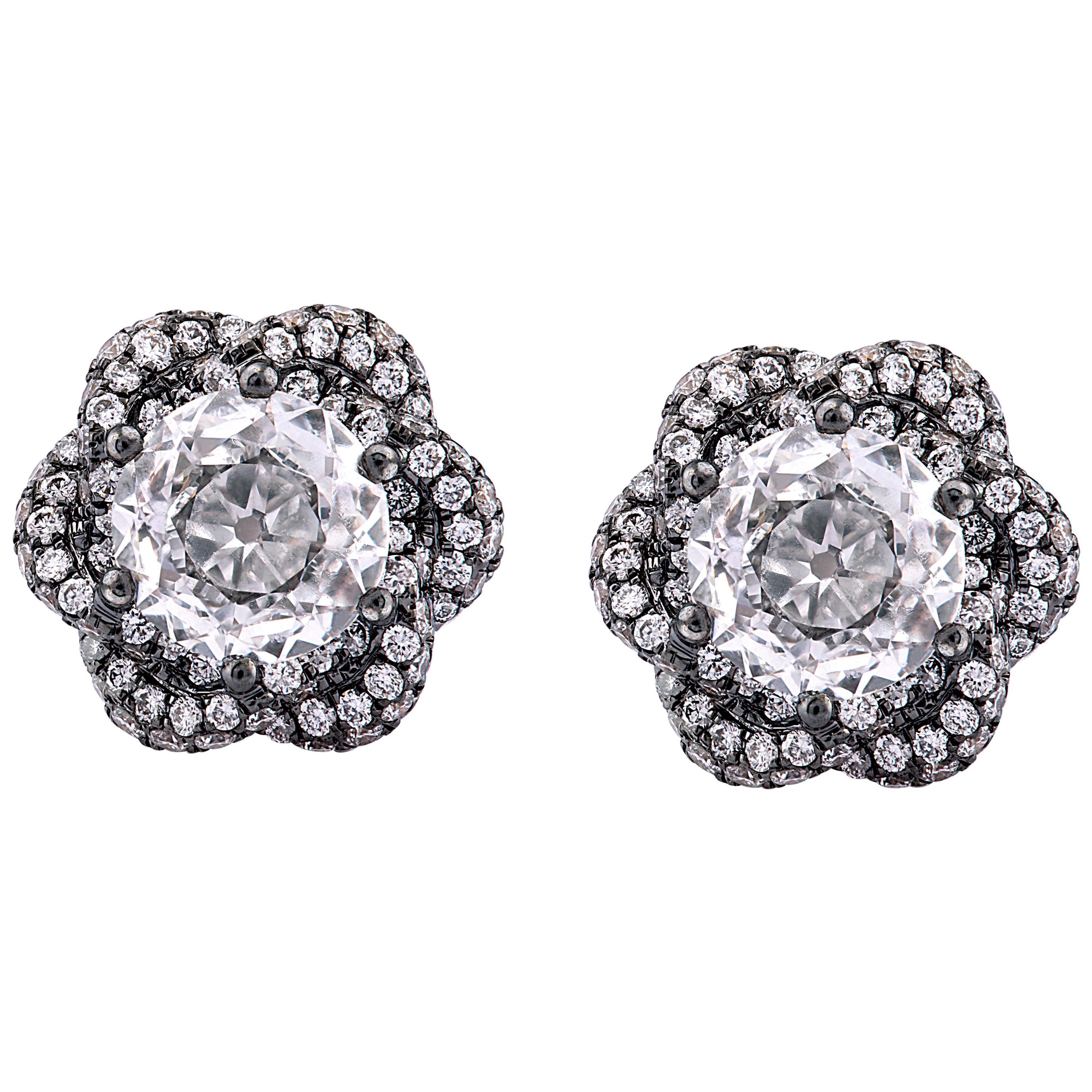 18K Gold 0.70ct Each Old Cut Diamond Black Rhodium Pave Border Earrings Studs  For Sale