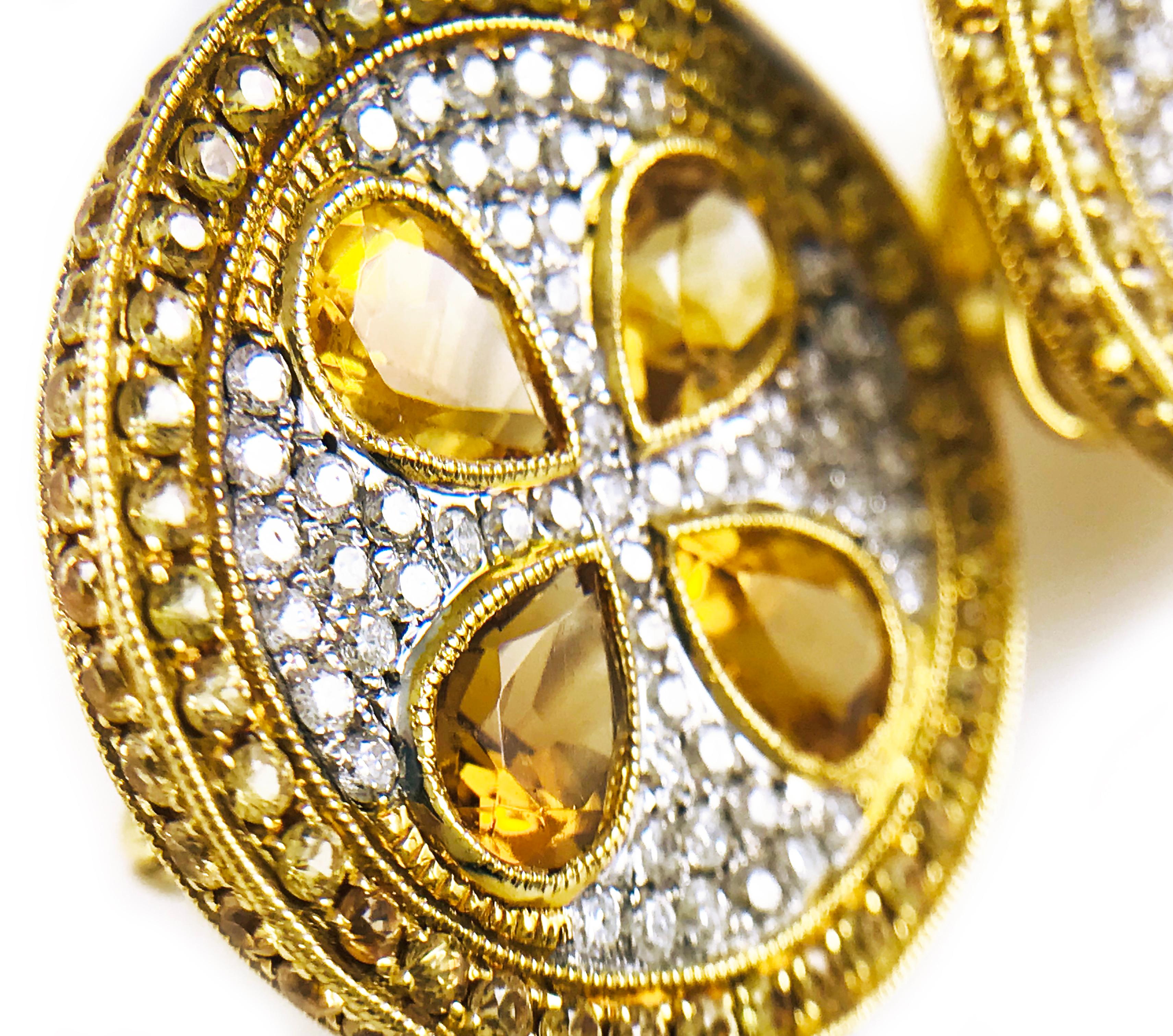 Retro 18 Karat Gold Pavé Citrine, Yellow Sapphire and Diamond Earrings