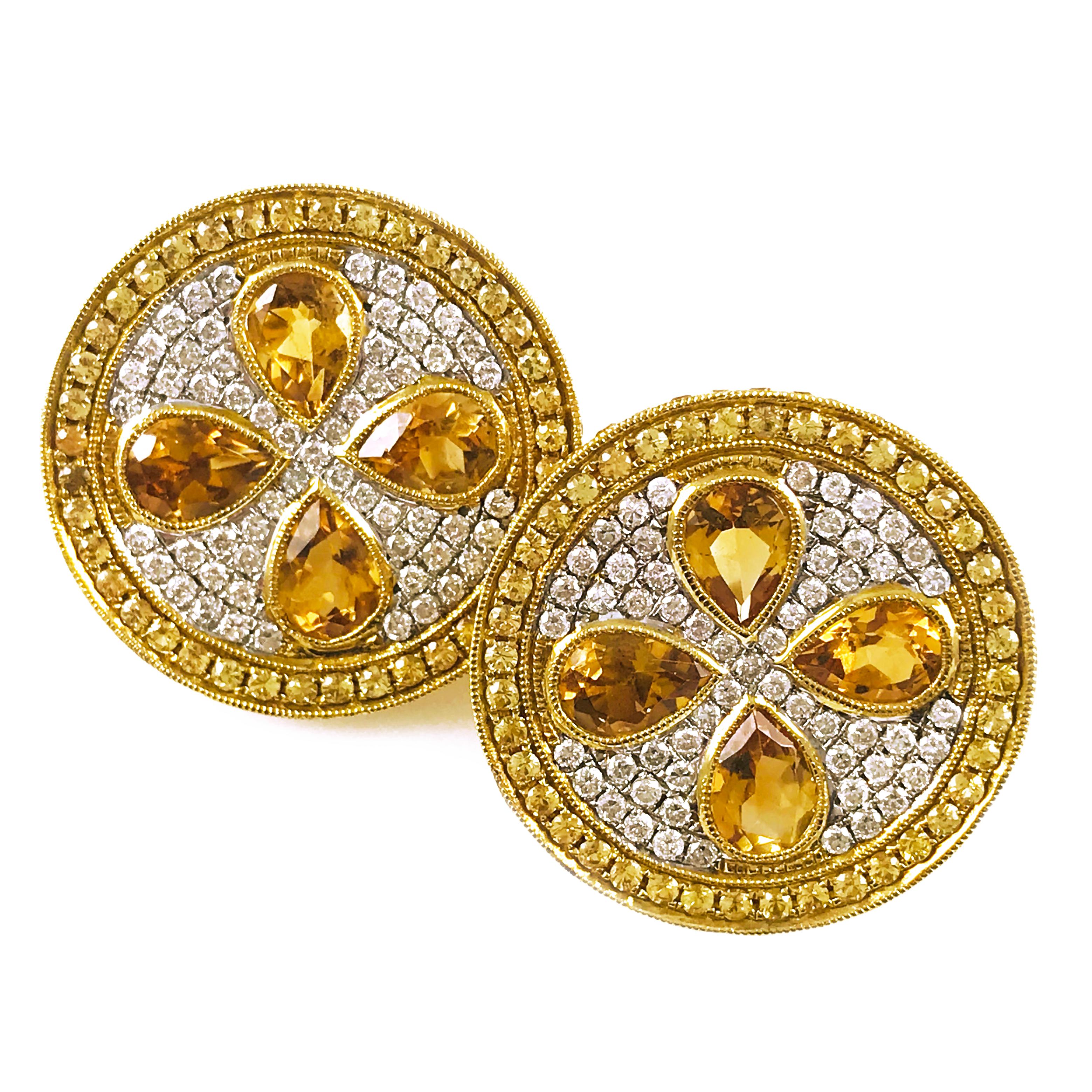 18 Karat Gold Pavé Citrine, Yellow Sapphire and Diamond Earrings