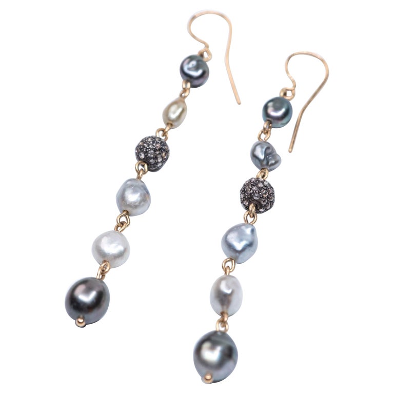 18 Karat Gold Pave Diamond Tahitian and South Sea Keshi Pearls Dangle  Earrings For Sale at 1stDibs