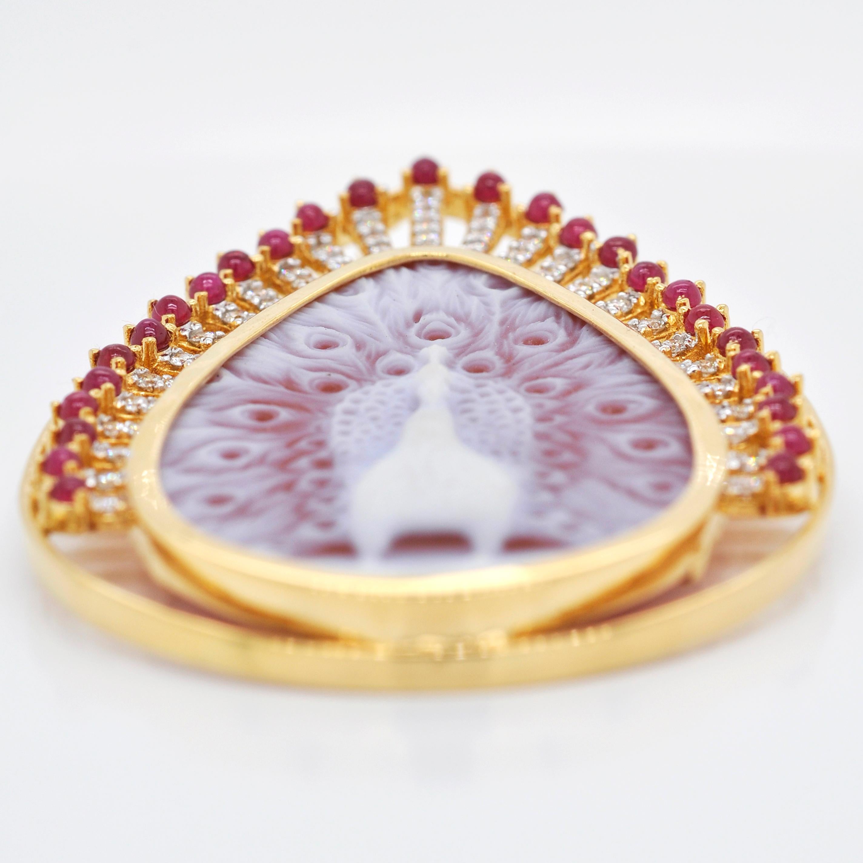 Cabochon 18 Karat Gold Peacock Agate Cameo Ruby Diamond Pendant Brooch For Sale