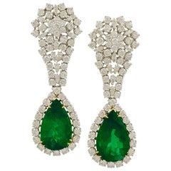 18 Karat Gold Pear Shape Emerald, Diamond Earrings