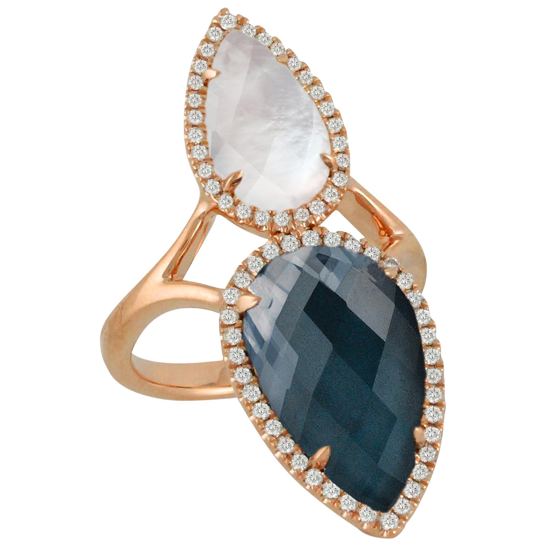 18 Karat Gold Pear Shape Ring with Hematite, Mother of Pearl, Topaz and Diamonds For Sale