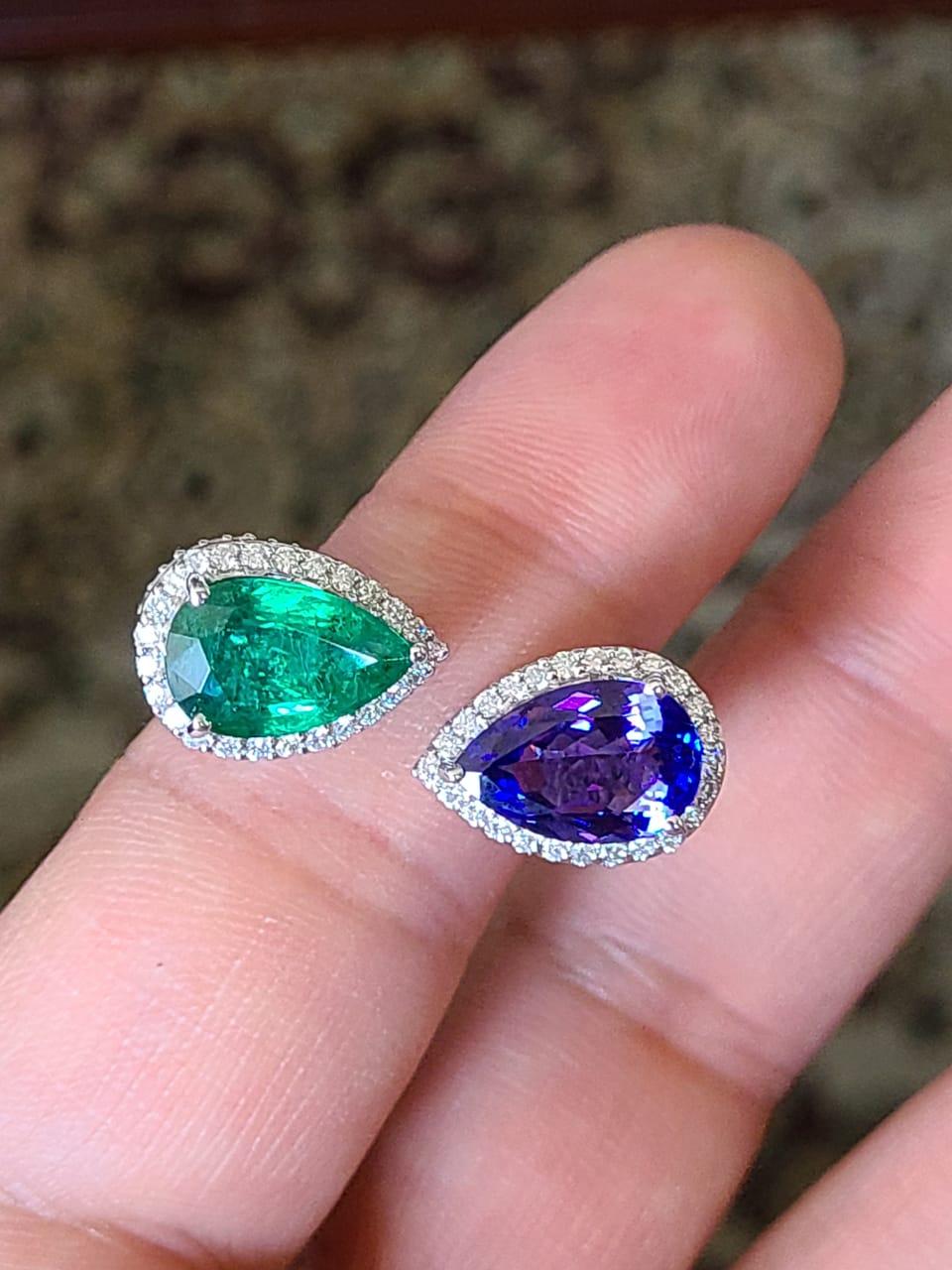 Art Nouveau 18 Karat Gold, Pear Shaped Emerald & Tanzanite and Diamond Cocktail Ring