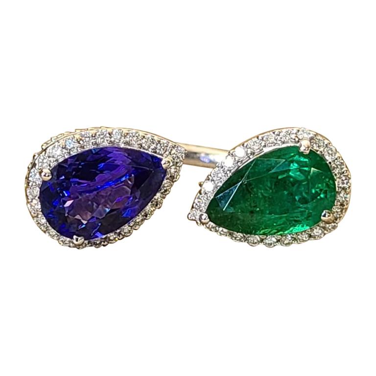 18 Karat Gold, Pear Shaped Emerald & Tanzanite and Diamond Cocktail Ring
