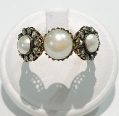 Antique 18kt Gold Pearl and Diamond Daisies Ring, Italy Circa 1850s