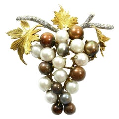 Vintage 18 Karat Gold Pearl and Diamond Grape Brooch